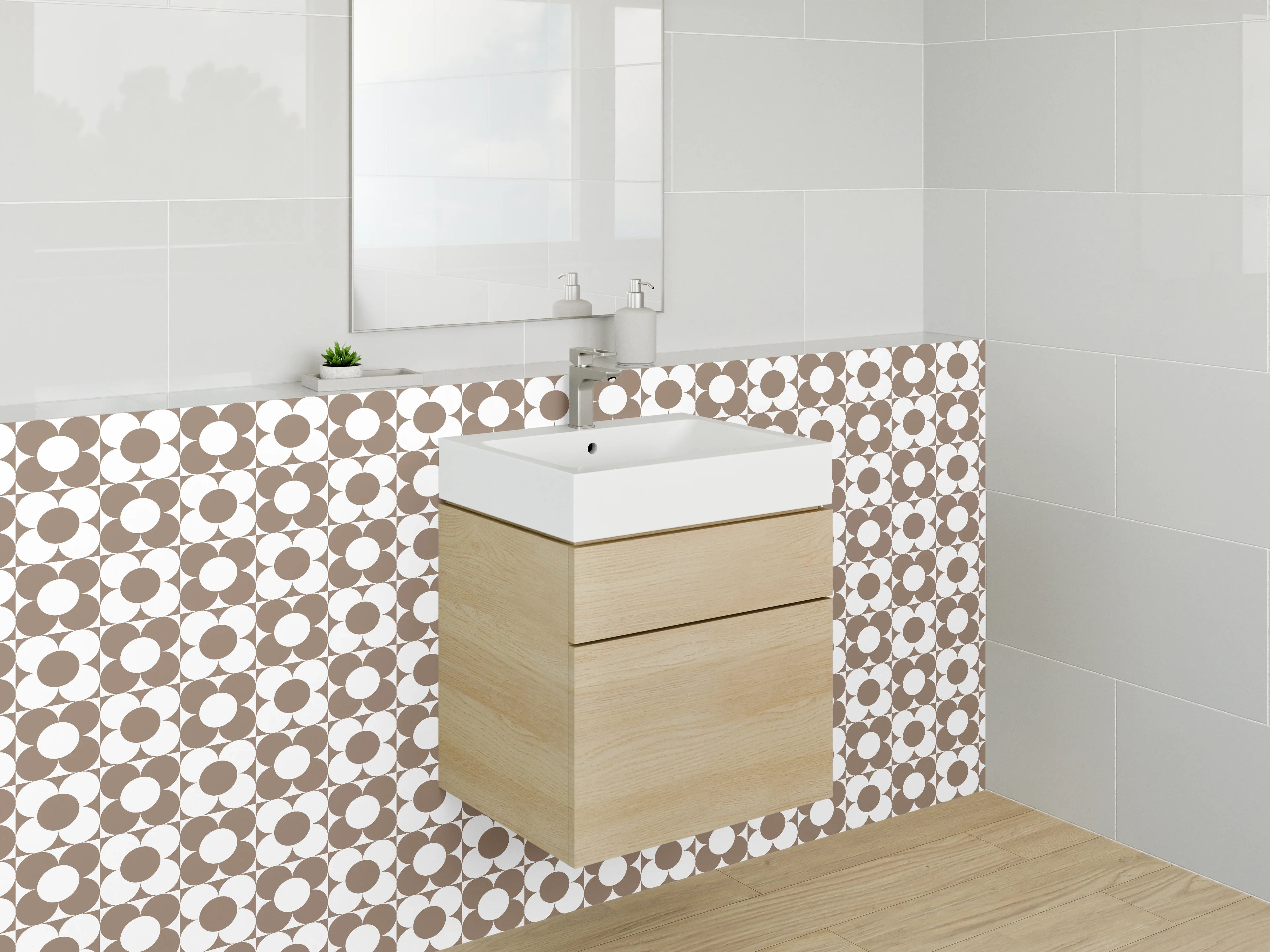 Waschbecken-Rückwand - Retro Kreismuster Braun Weiß Dekor