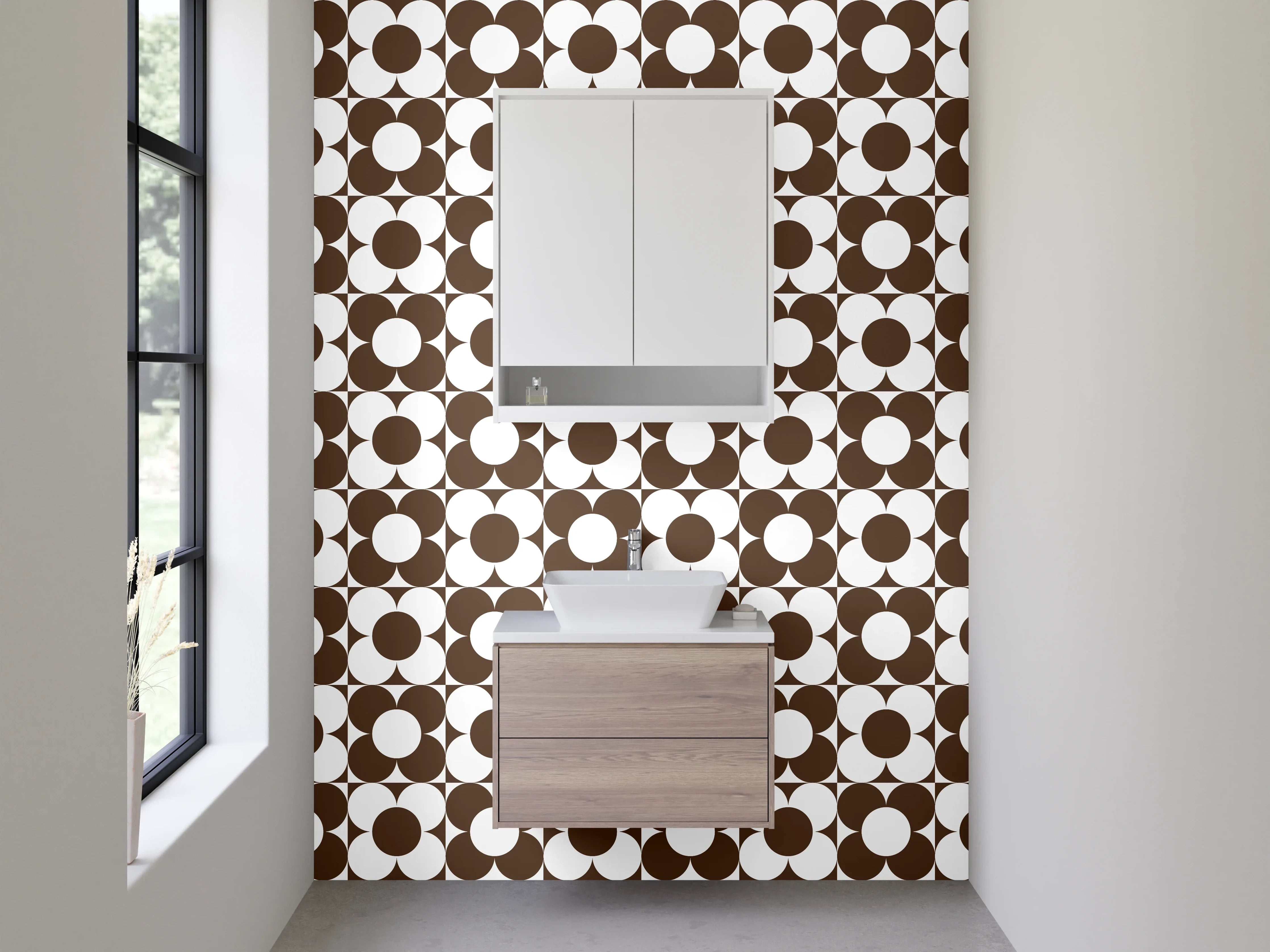 Waschbecken-Rückwand - Retro Kreismuster Braun Weiß Modern