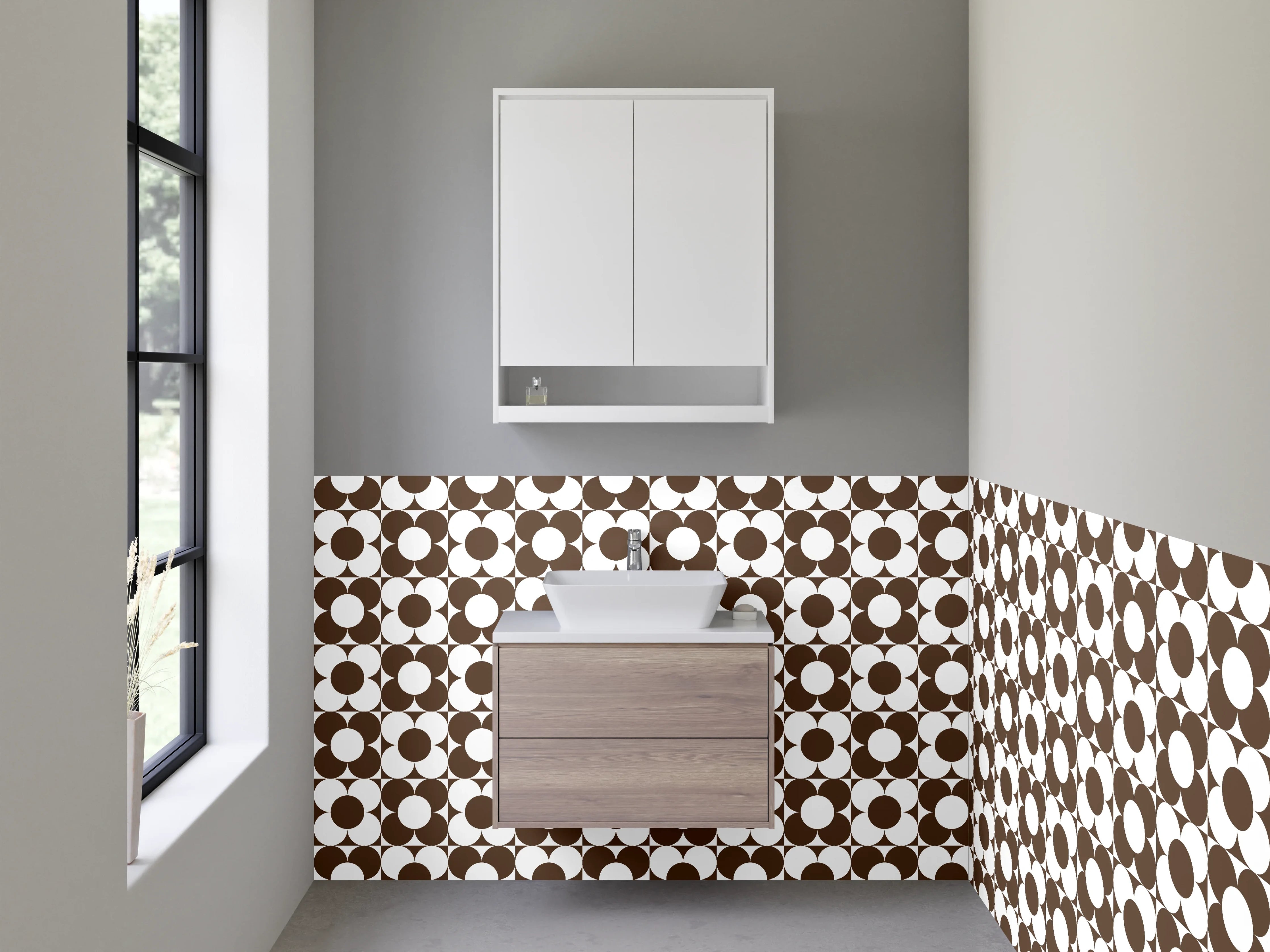 Waschbecken-Rückwand - Retro Kreismuster Braun Weiß Modern