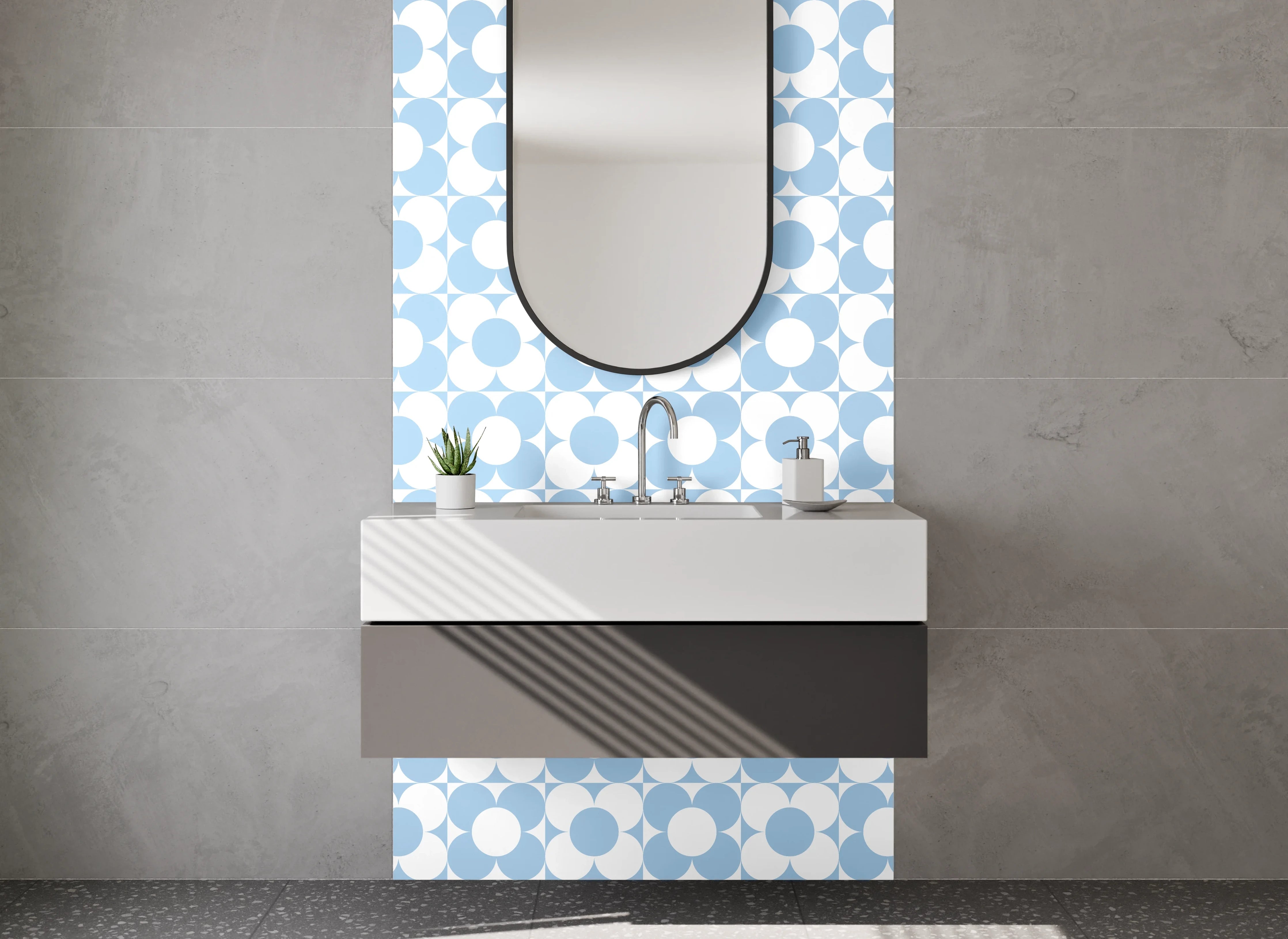 Waschbecken-Rückwand - Retro Kreismuster Hellblau Weiß