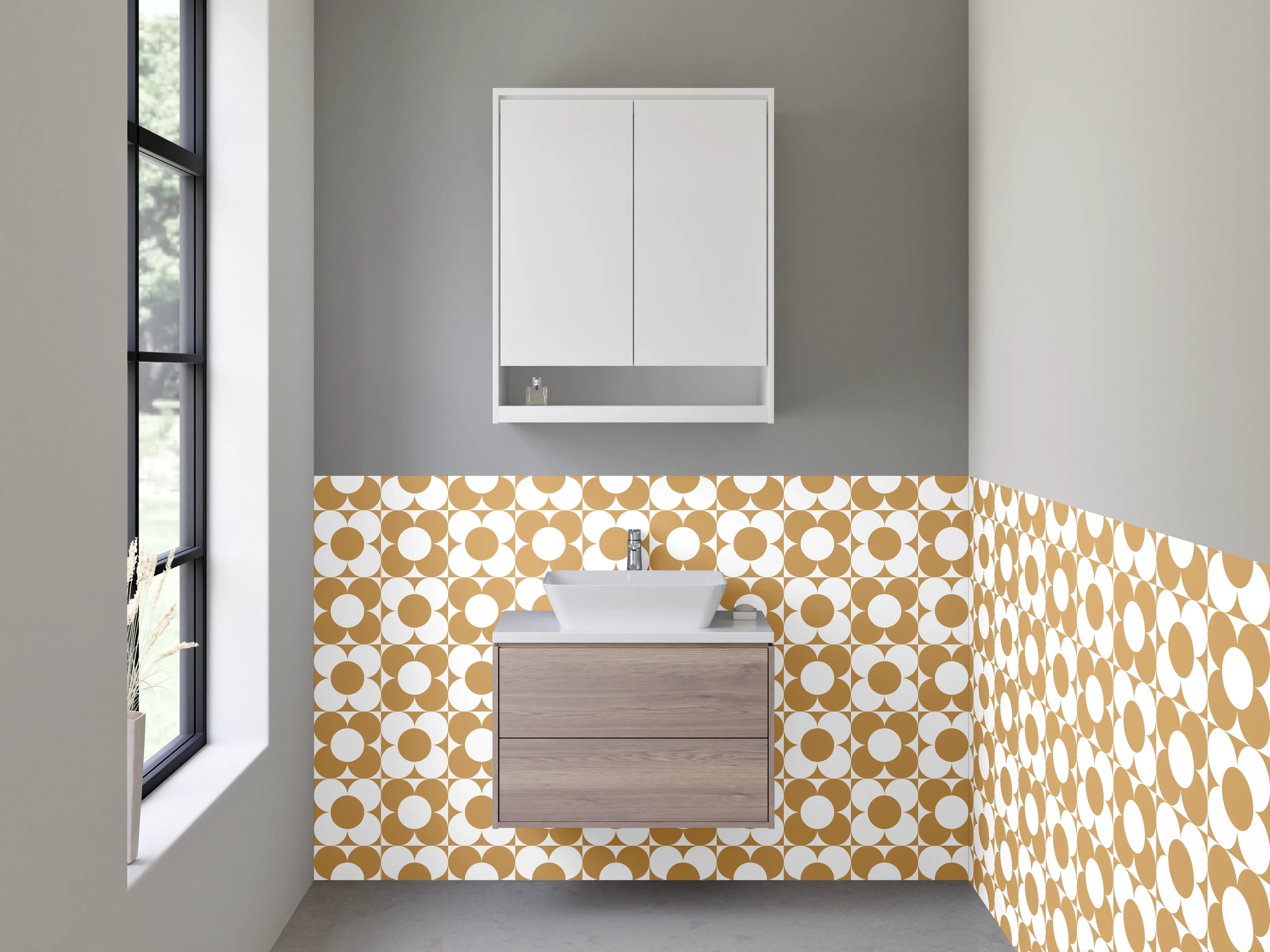 Waschbecken-Rückwand - Retro Kreismuster in Beige und Weiß