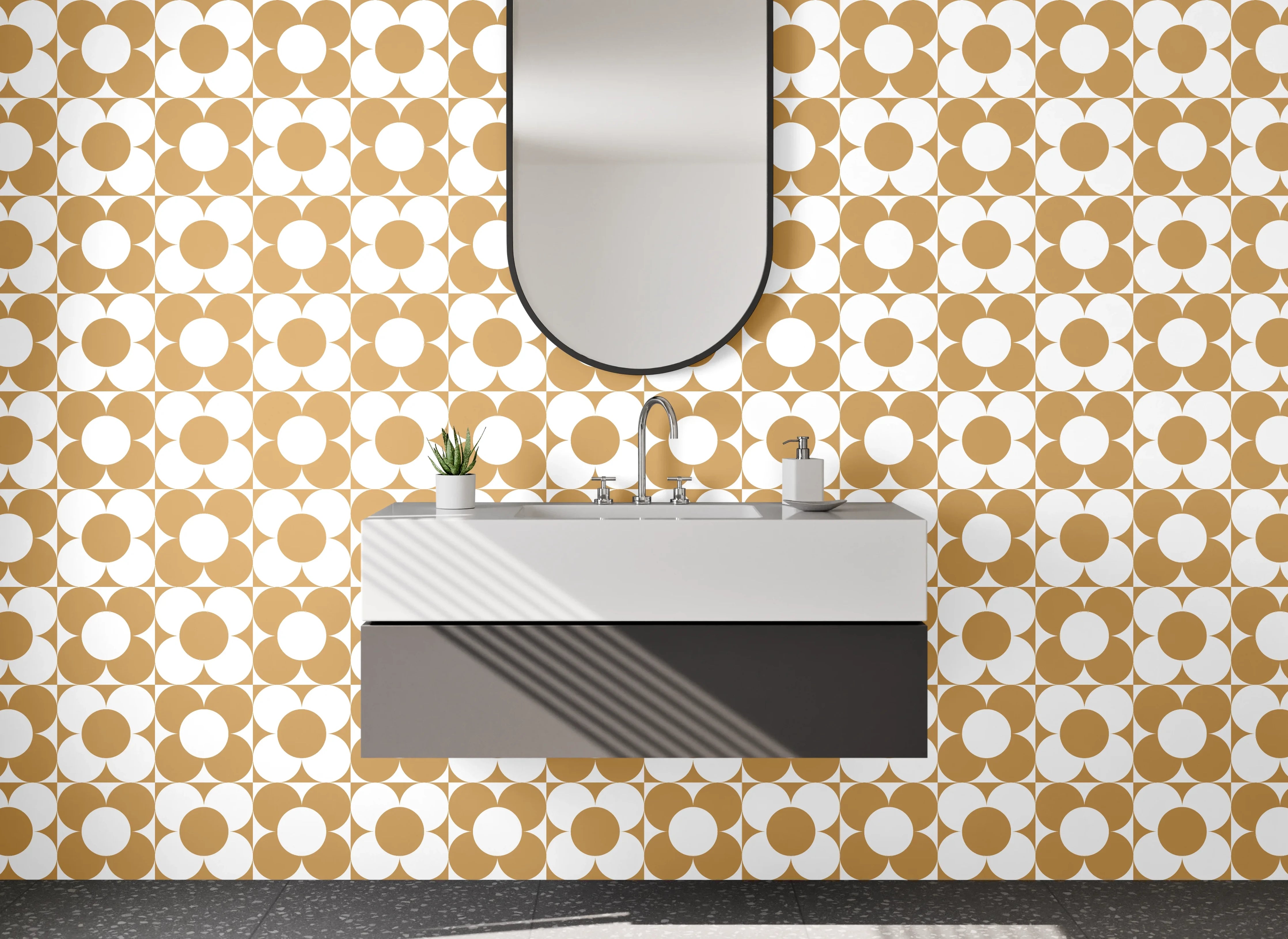 Waschbecken-Rückwand - Retro Kreismuster in Beige und Weiß
