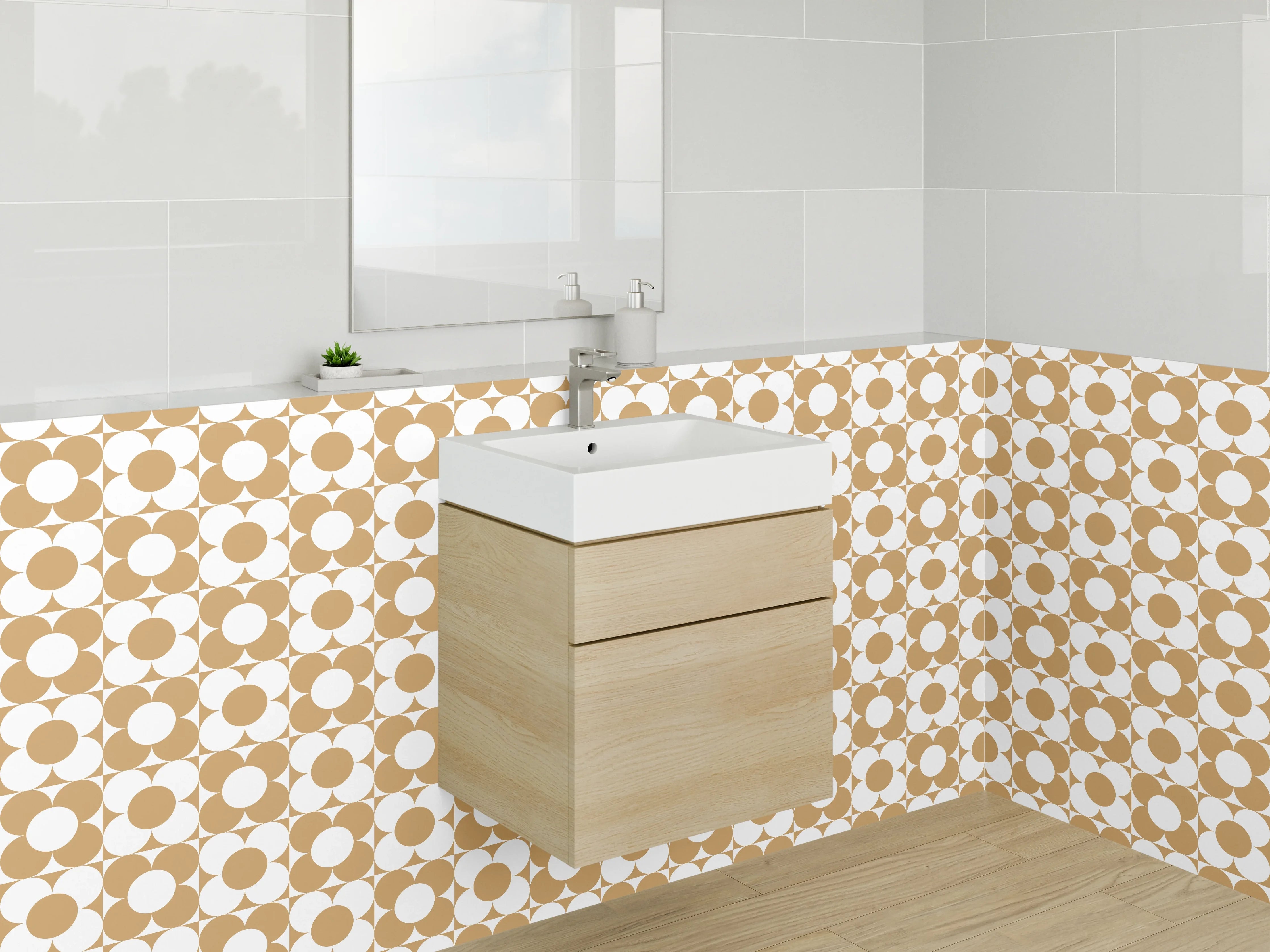 Waschbecken-Rückwand - Retro Kreismuster in Beige und Weiß