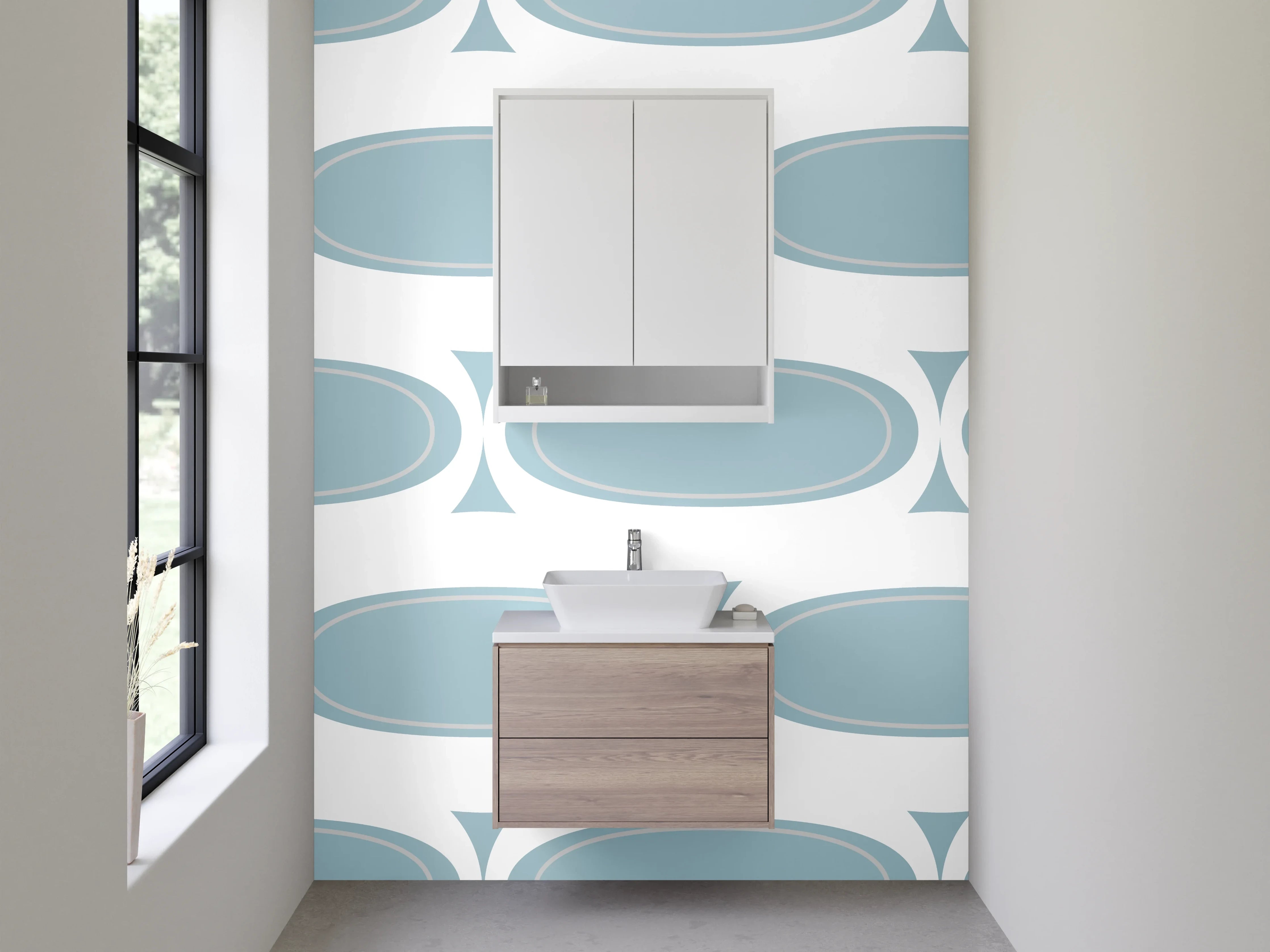 Waschbecken-Rückwand - Retro Muster Blau Weiß Minimalistisch