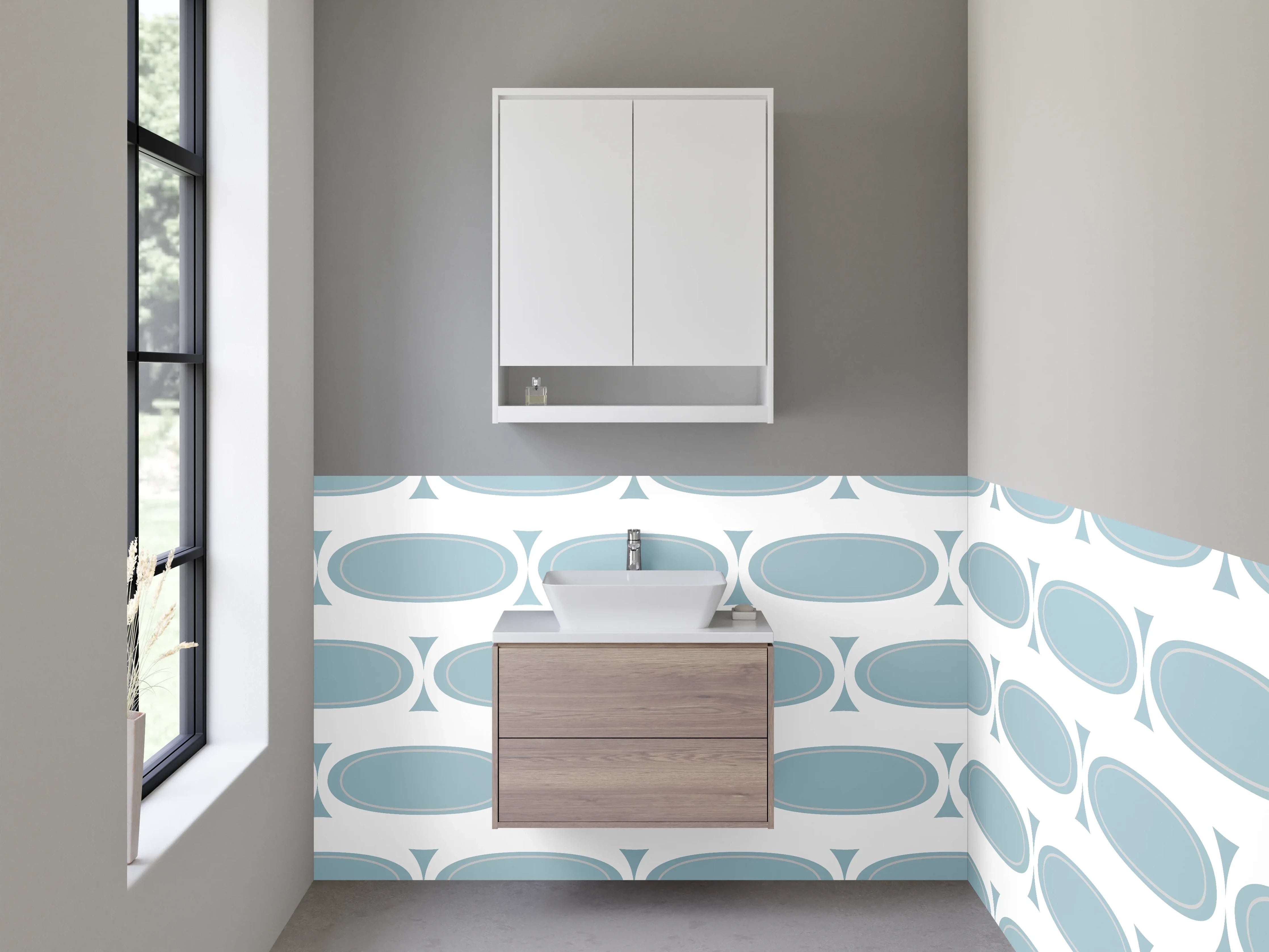 Waschbecken-Rückwand - Retro Muster Blau Weiß Minimalistisch