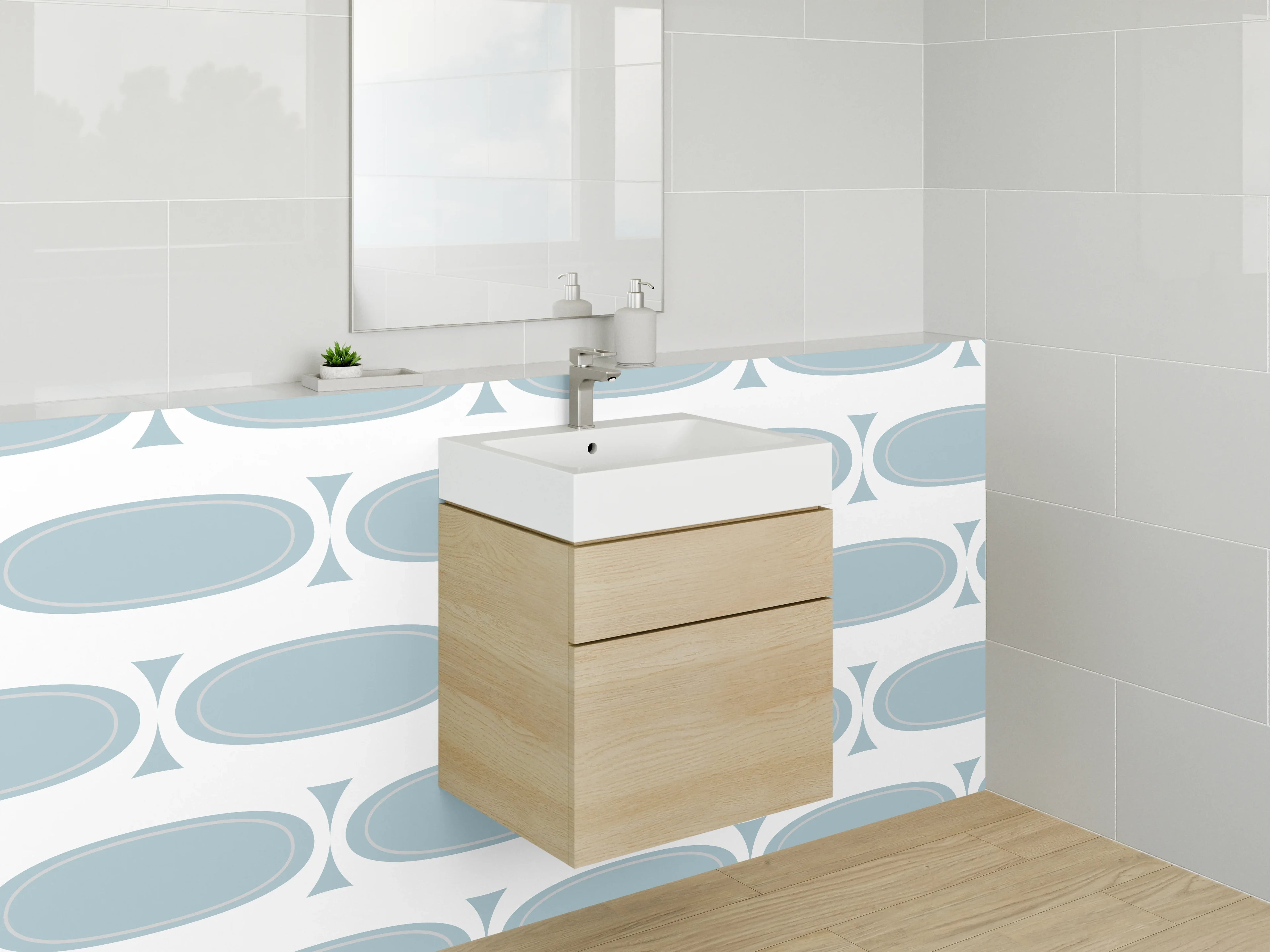 Waschbecken-Rückwand - Retro Muster Blau Weiß Minimalistisch