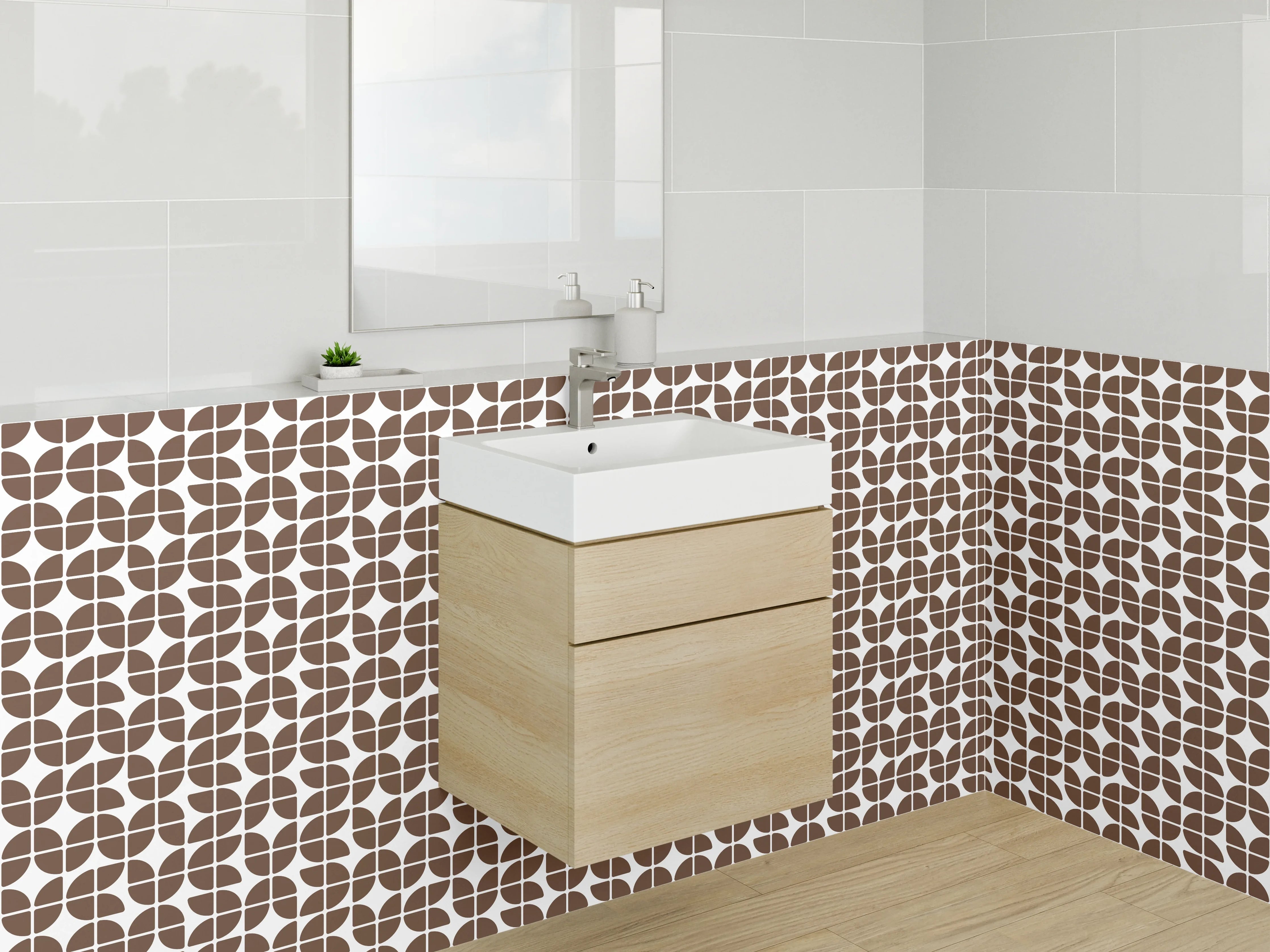 Waschbecken-Rückwand - Retro Muster Braun Weiß Fliesenoptik