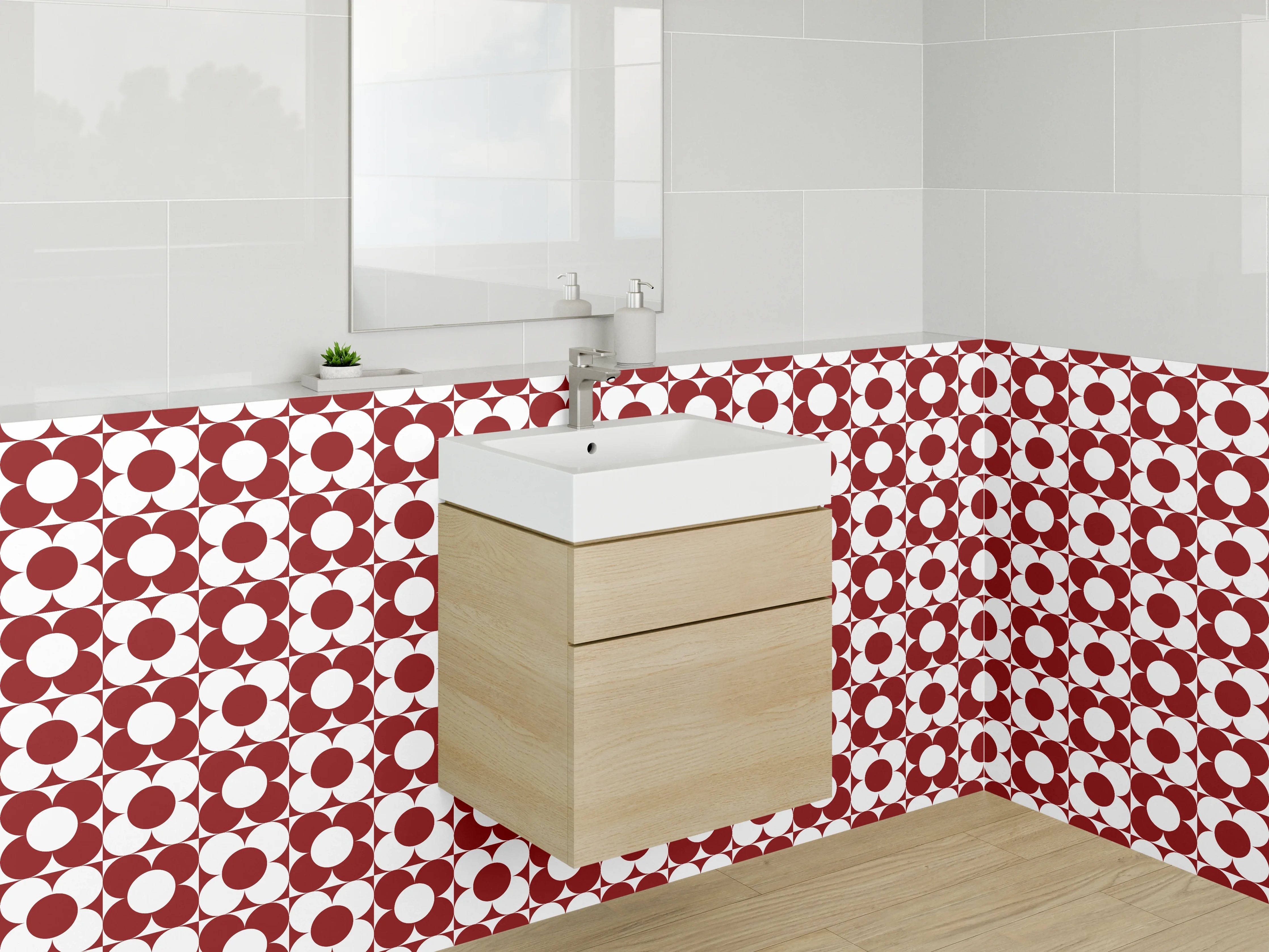 Waschbecken-Rückwand - Retro Muster Rot-Weiß