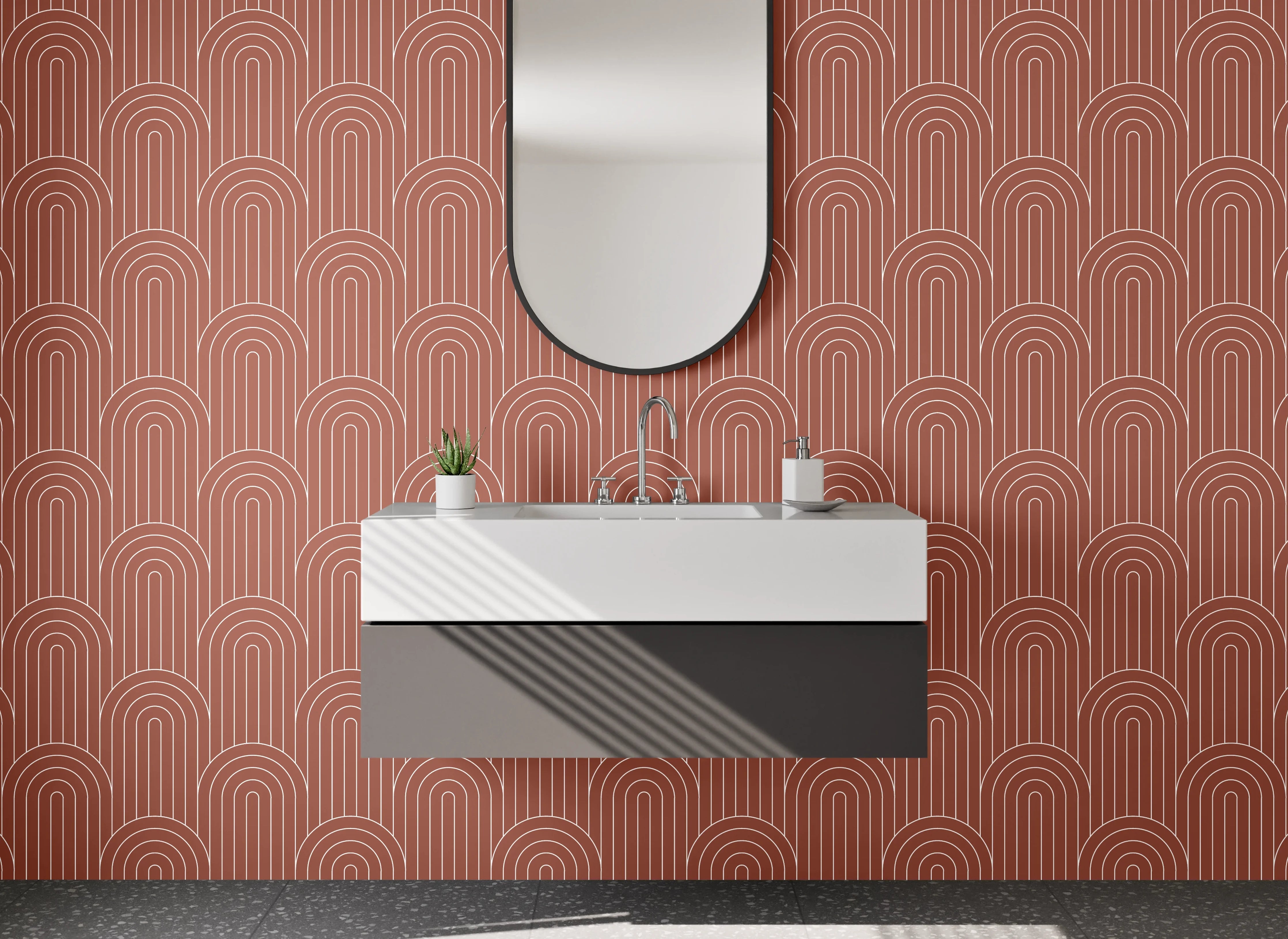 Waschbecken-Rückwand - Retro Muster Terrakotta Linien Design