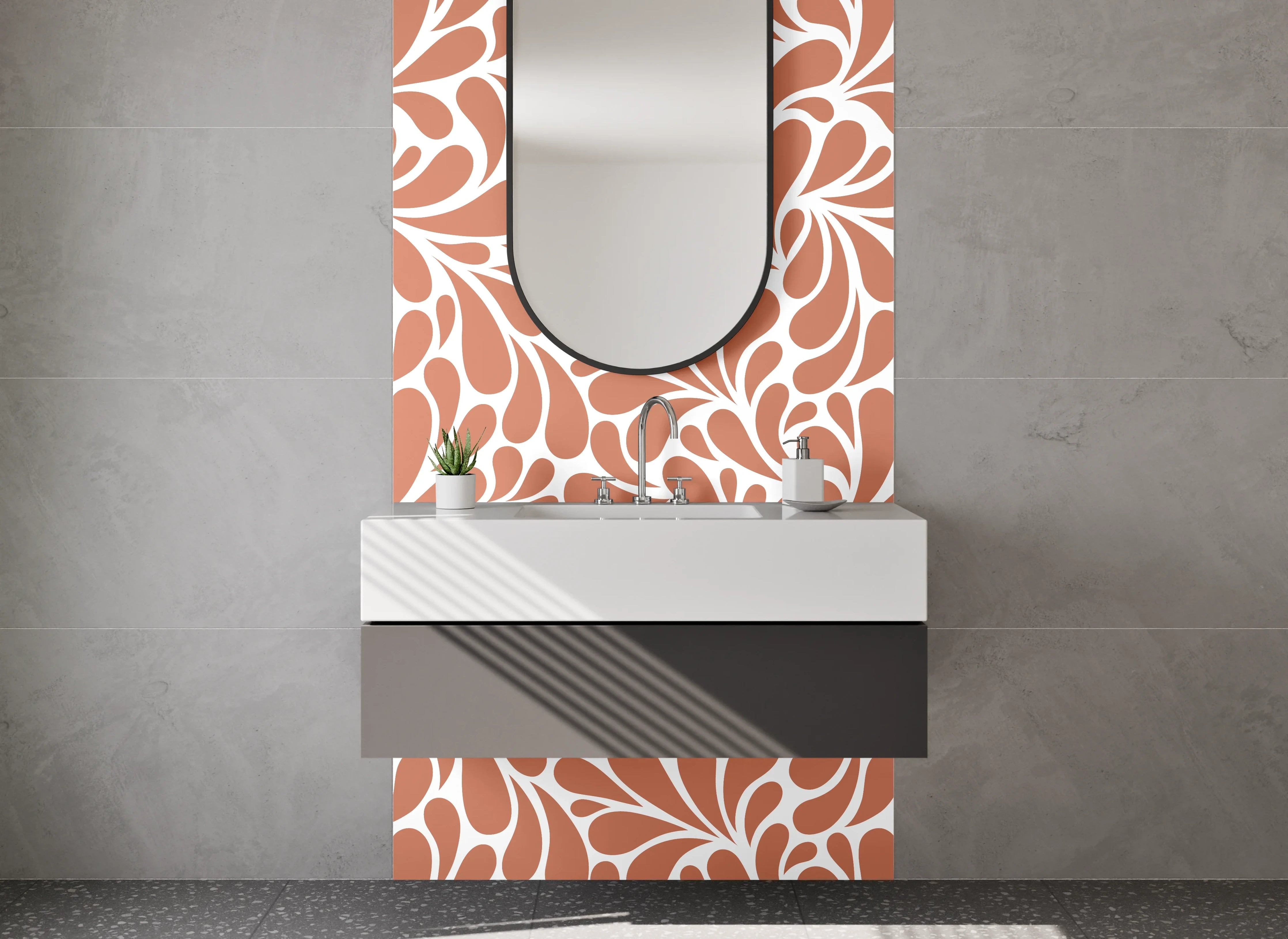 Waschbecken-Rückwand - Retro Ornament Fliesenmuster Orange Weiß