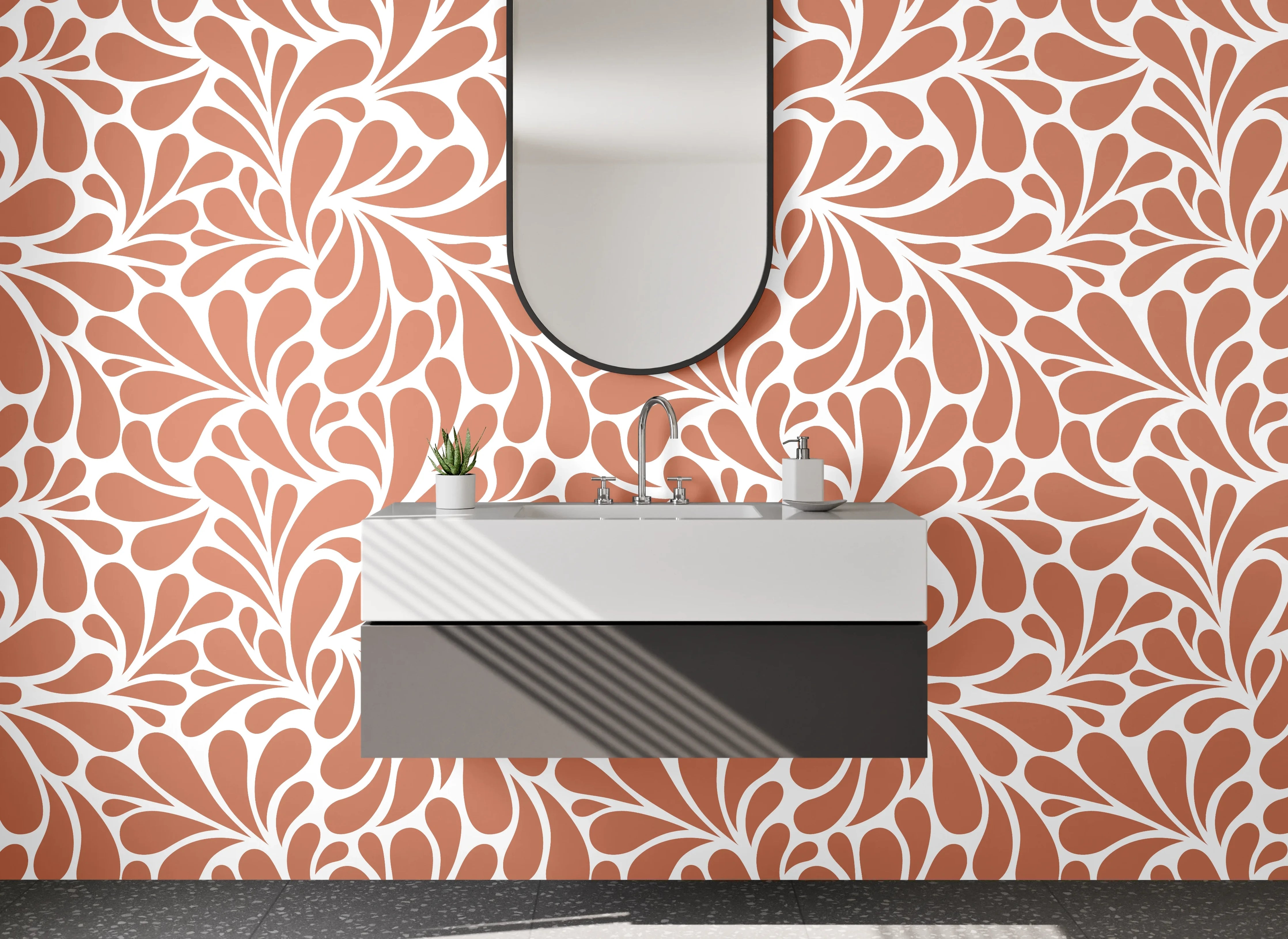 Waschbecken-Rückwand - Retro Ornament Fliesenmuster Orange Weiß