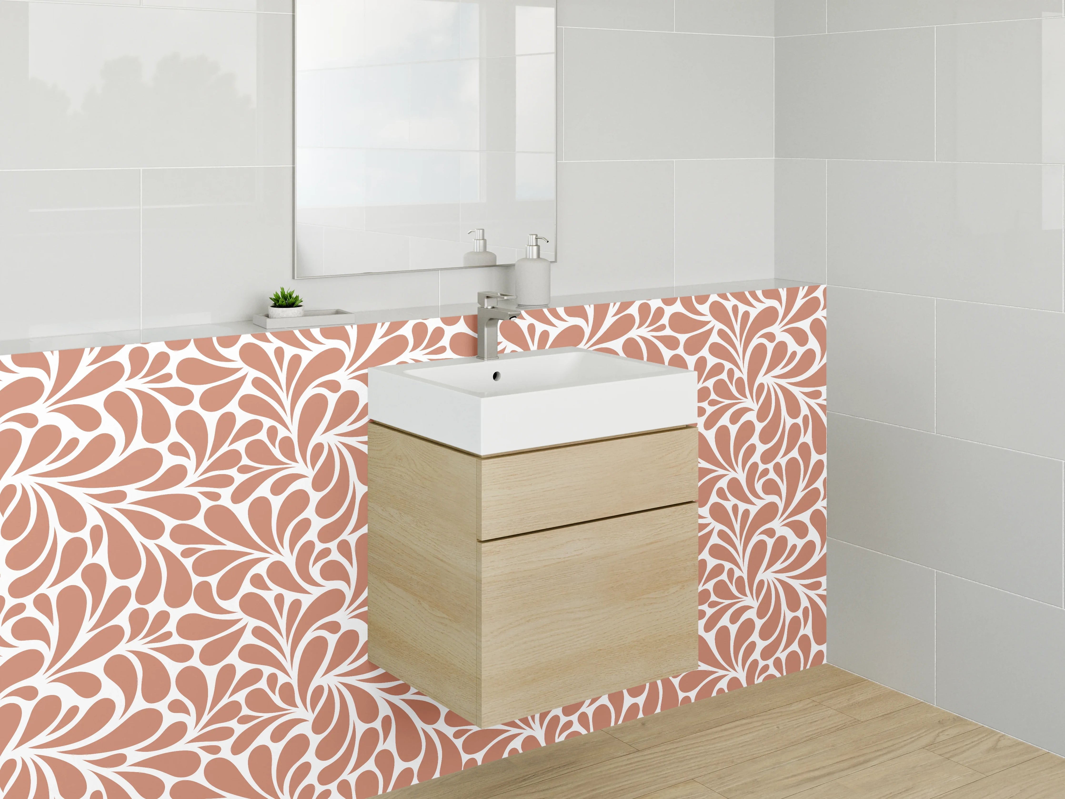 Waschbecken-Rückwand - Retro Ornament Fliesenmuster Orange Weiß