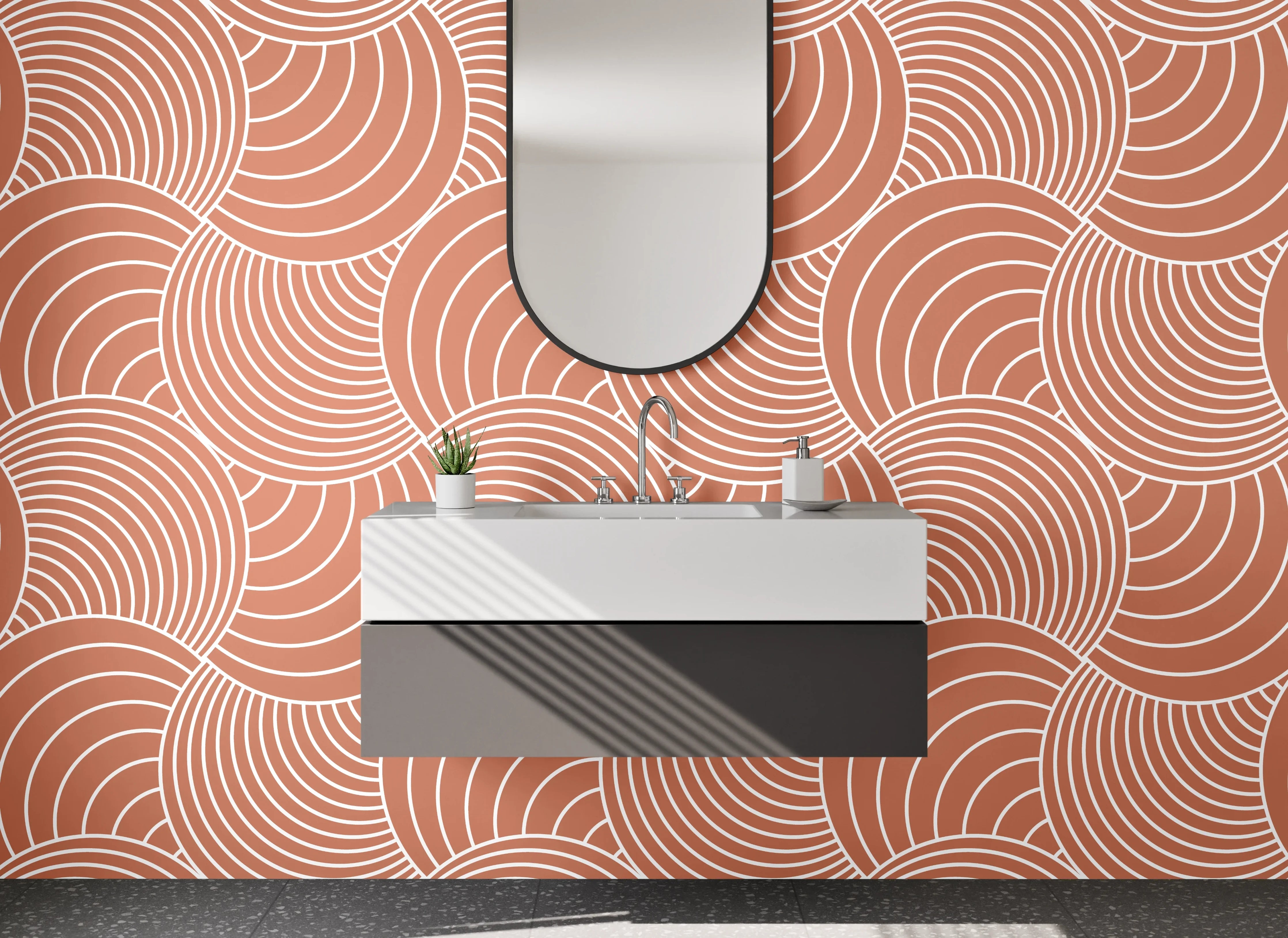 Waschbecken-Rückwand - Retro Wellenmuster Beige Rosa