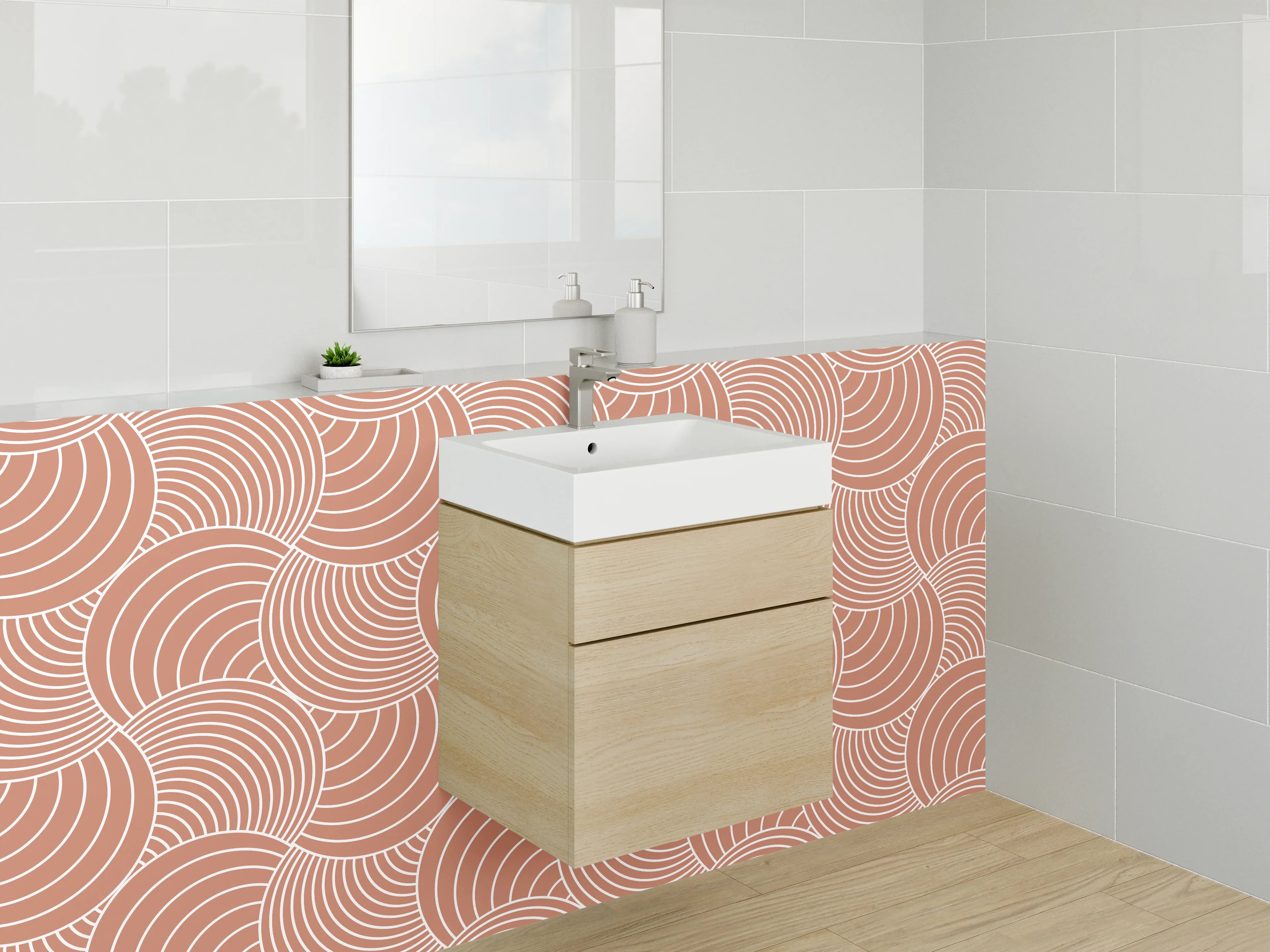 Waschbecken-Rückwand - Retro Wellenmuster Beige Rosa