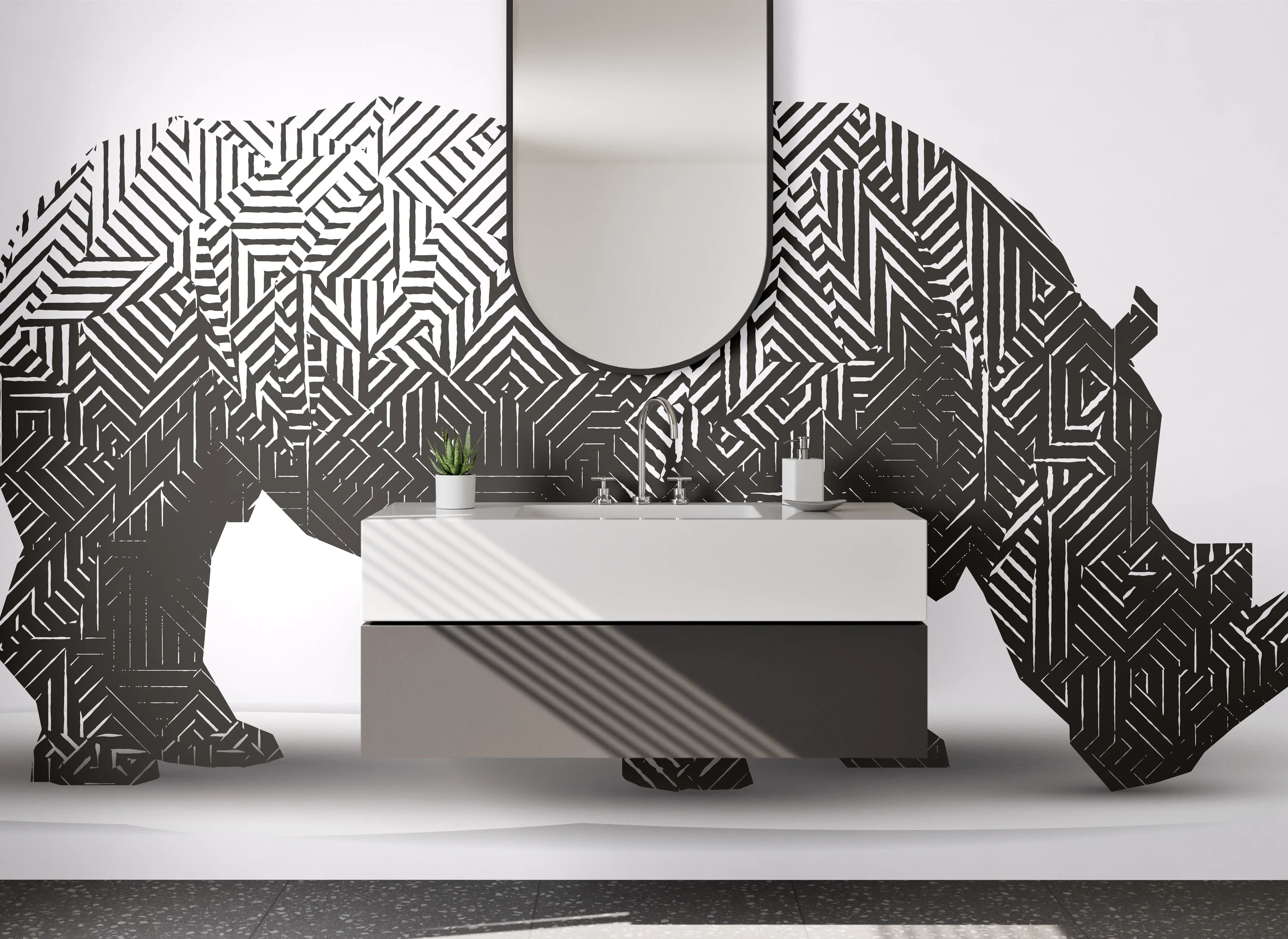 Waschbecken-Rückwand - Rhino mit Labyrinth-Muster schwarz-weiß