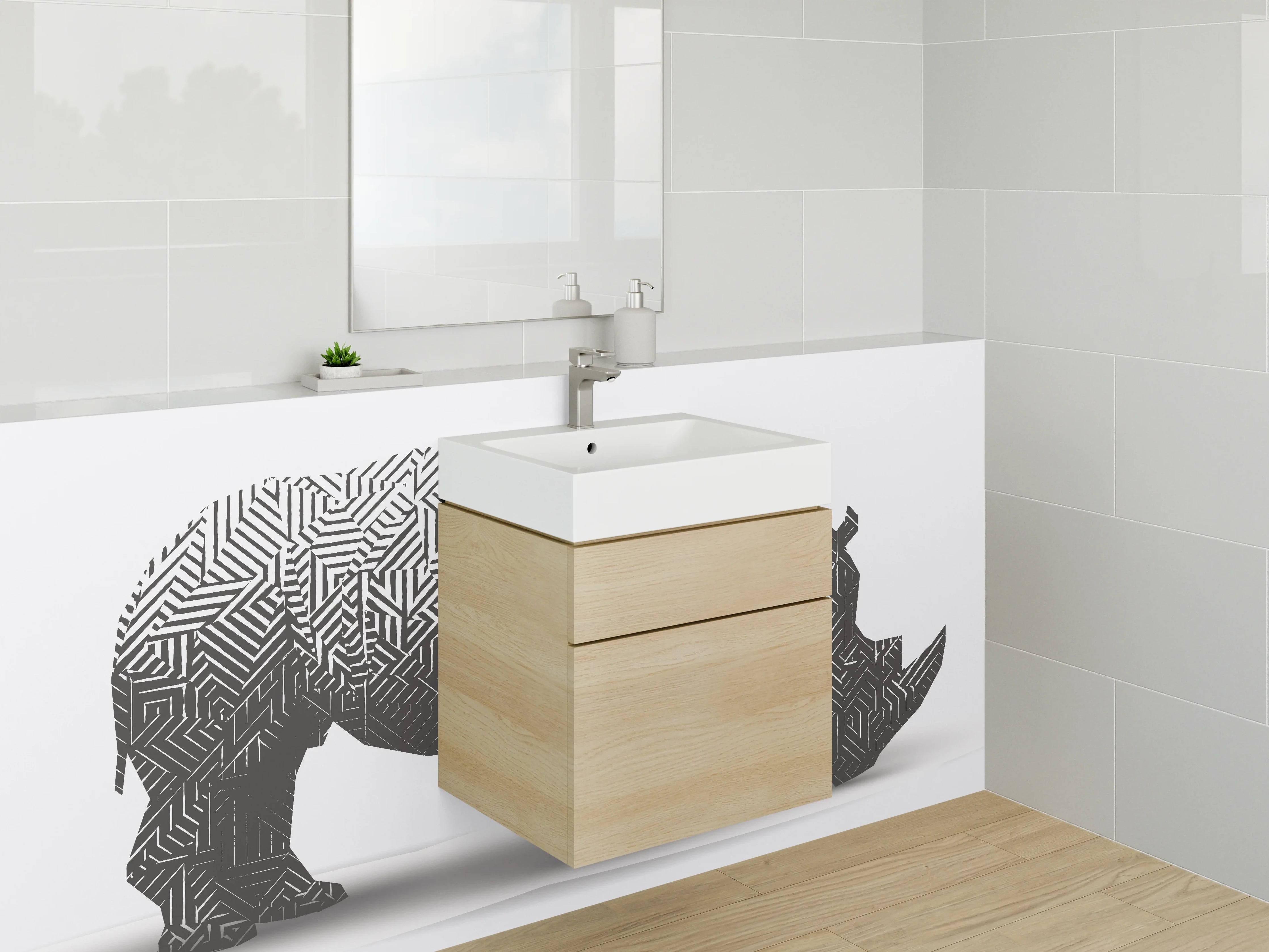 Waschbecken-Rückwand - Rhino mit Labyrinth-Muster schwarz-weiß