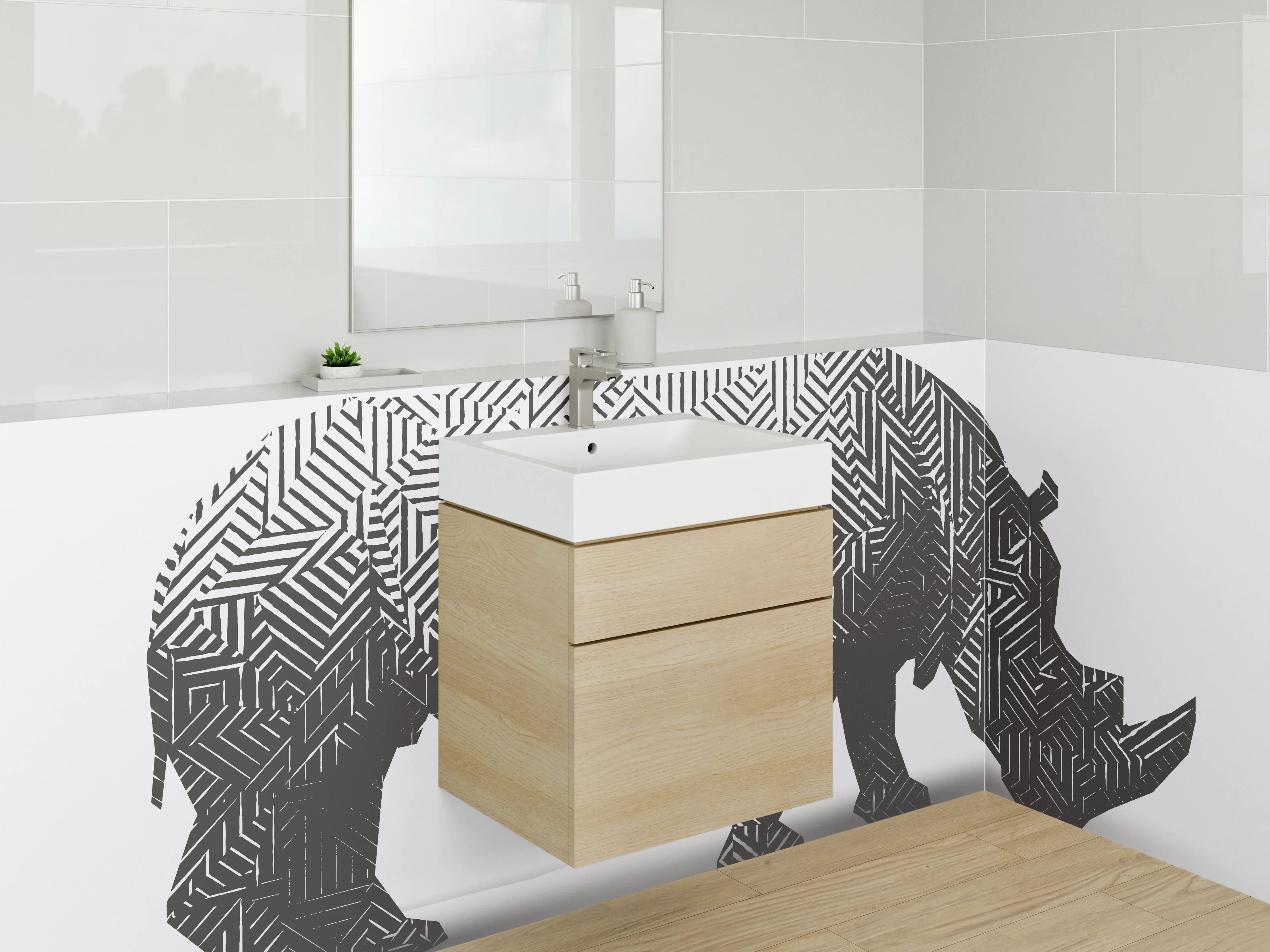 Waschbecken-Rückwand - Rhino mit Labyrinth-Muster schwarz-weiß