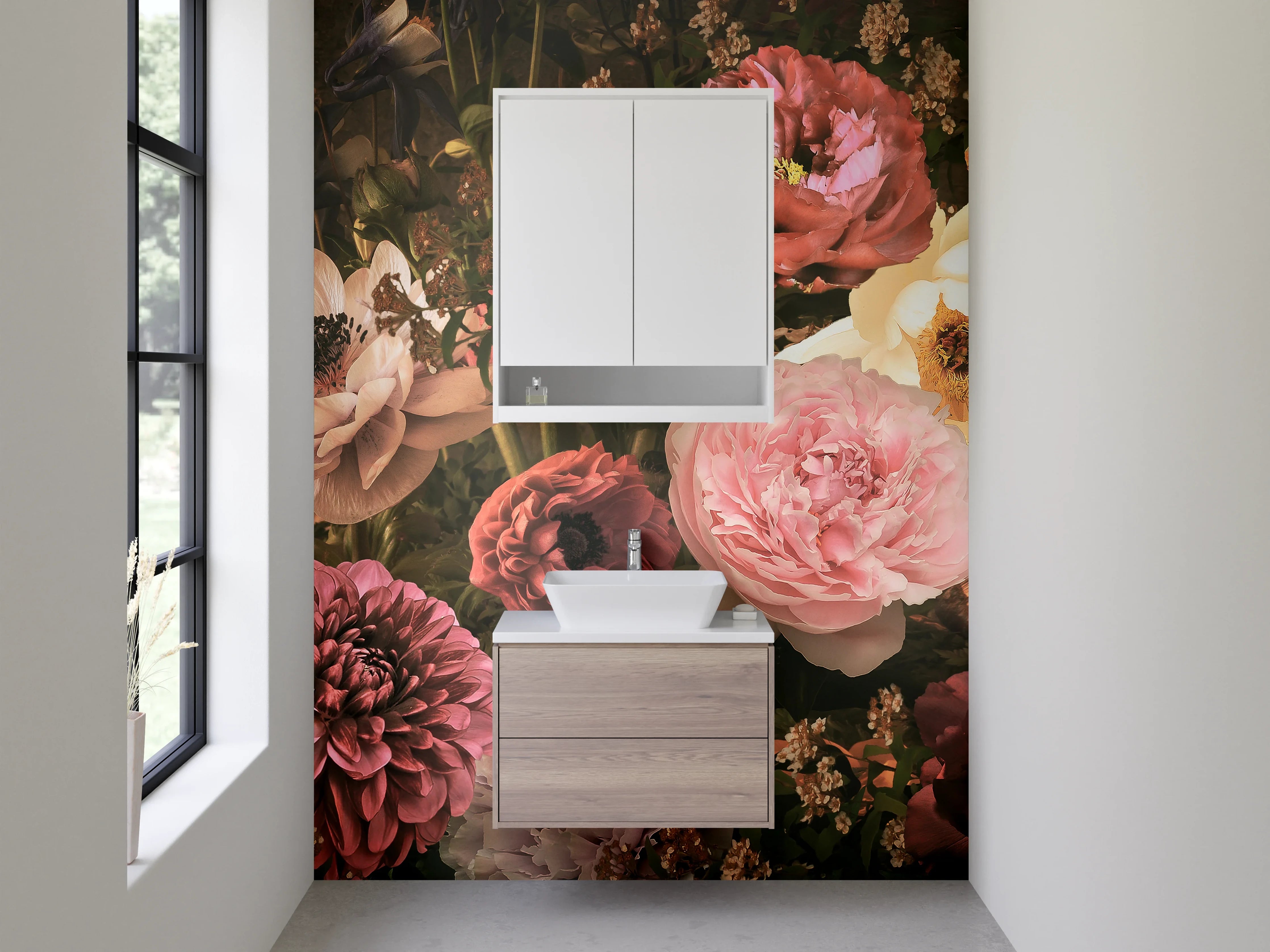 Waschbecken-Rückwand - Romantische Blumenpracht auf dunklem Grund