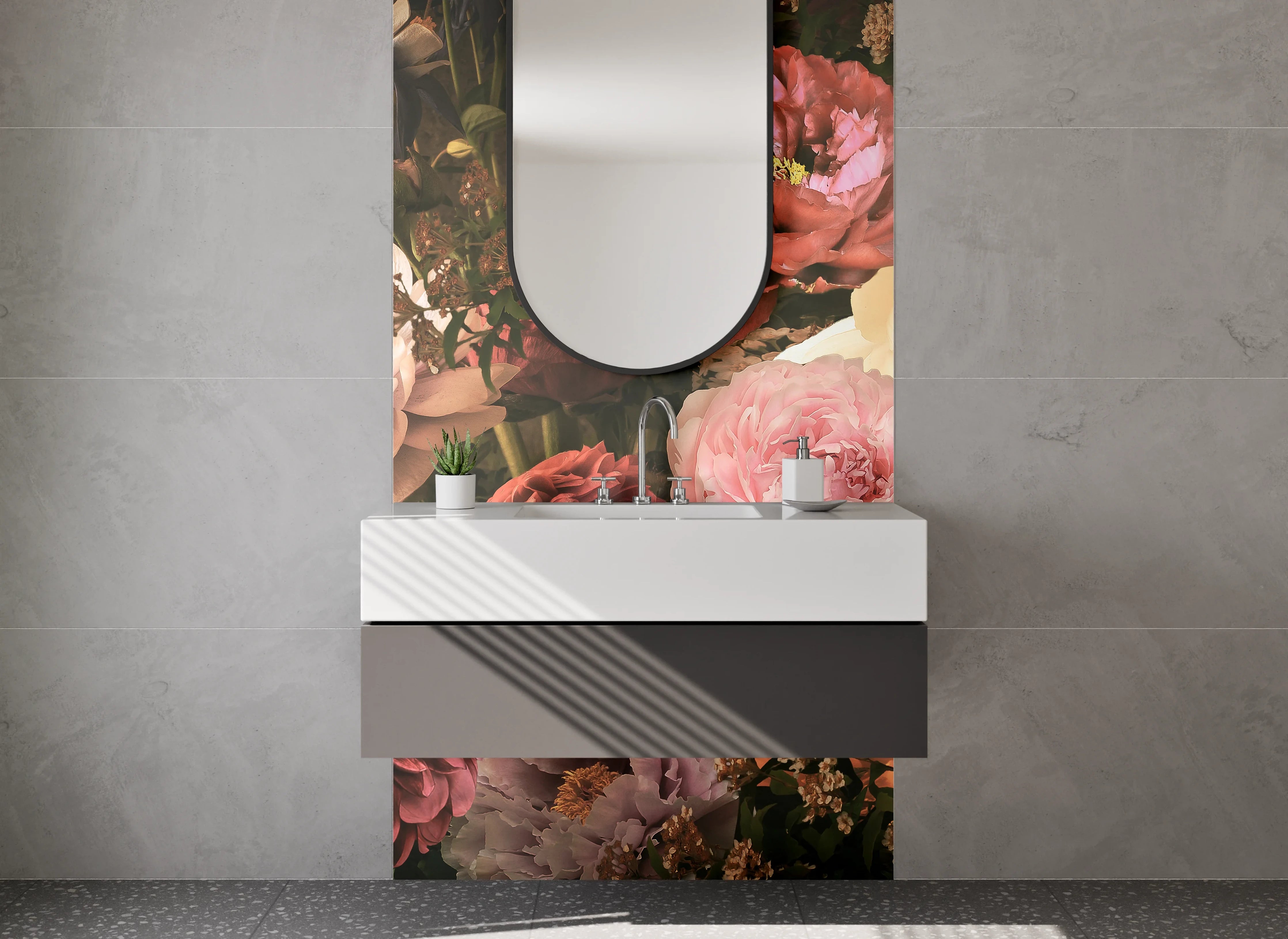Waschbecken-Rückwand - Romantische Blumenpracht auf dunklem Grund