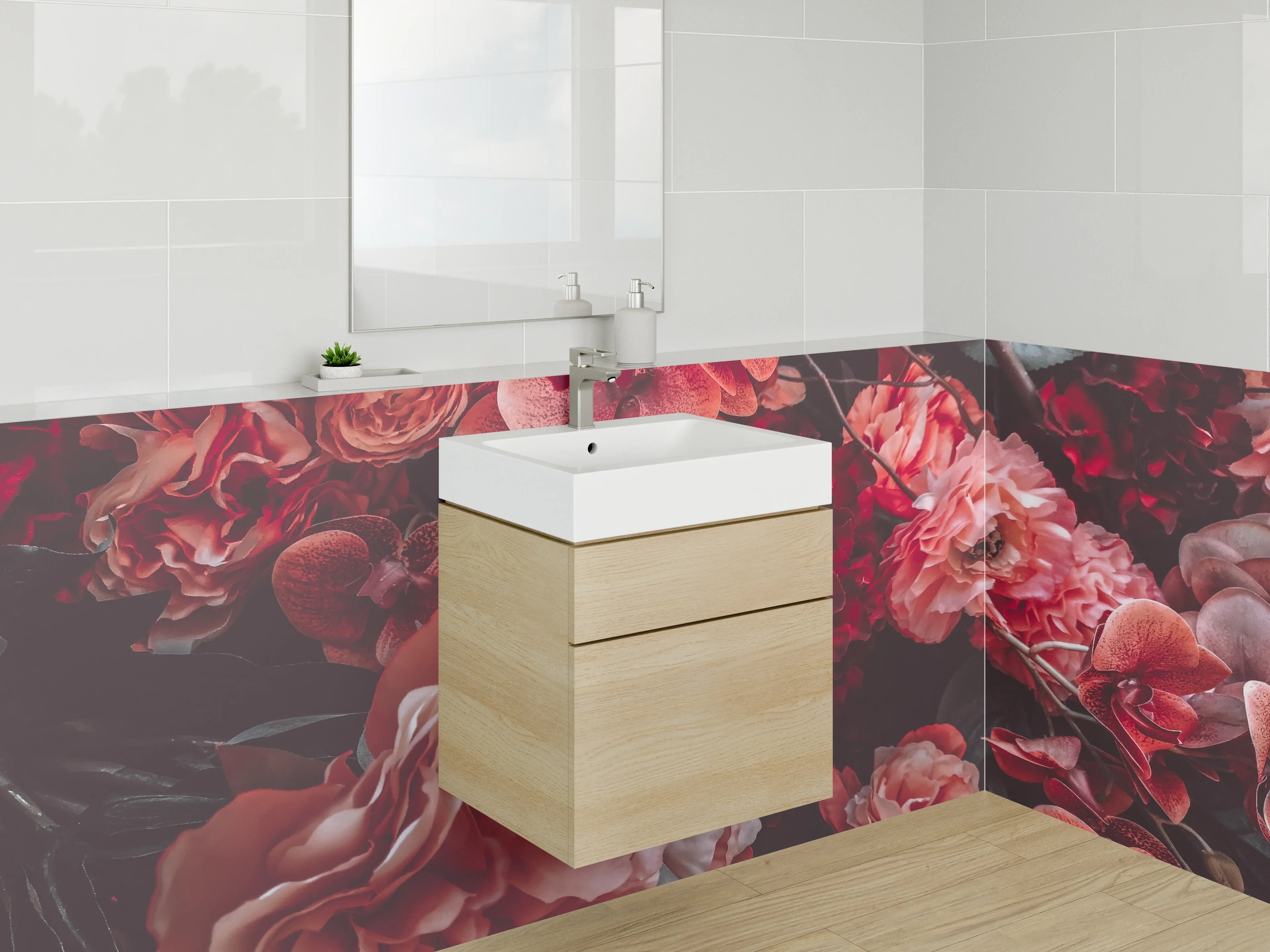 Waschbecken-Rückwand - Romantische Blumenpracht in Rosa und Rot
