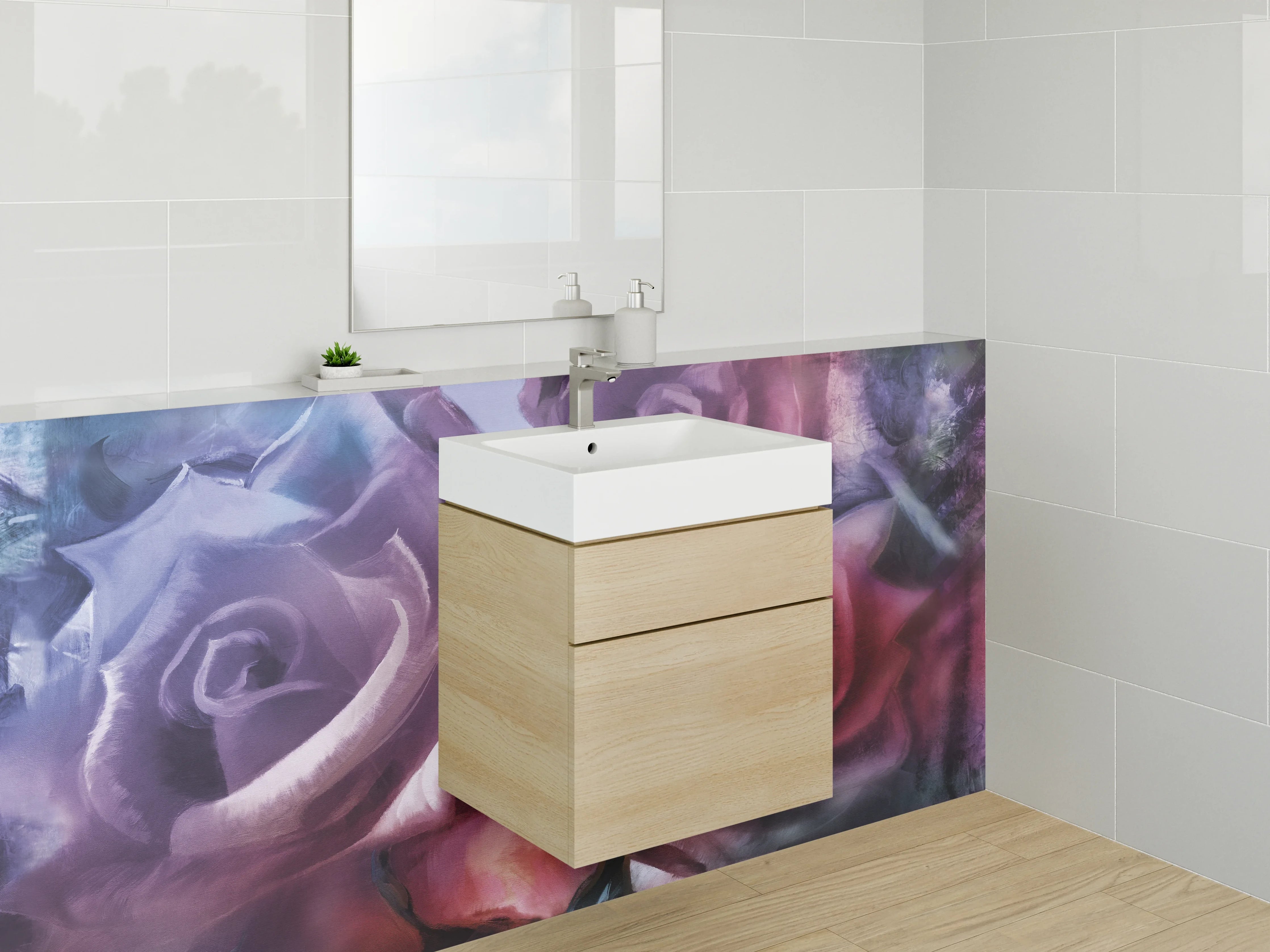 Waschbecken-Rückwand - Romantische Rosen Malerei in Pastellfarben