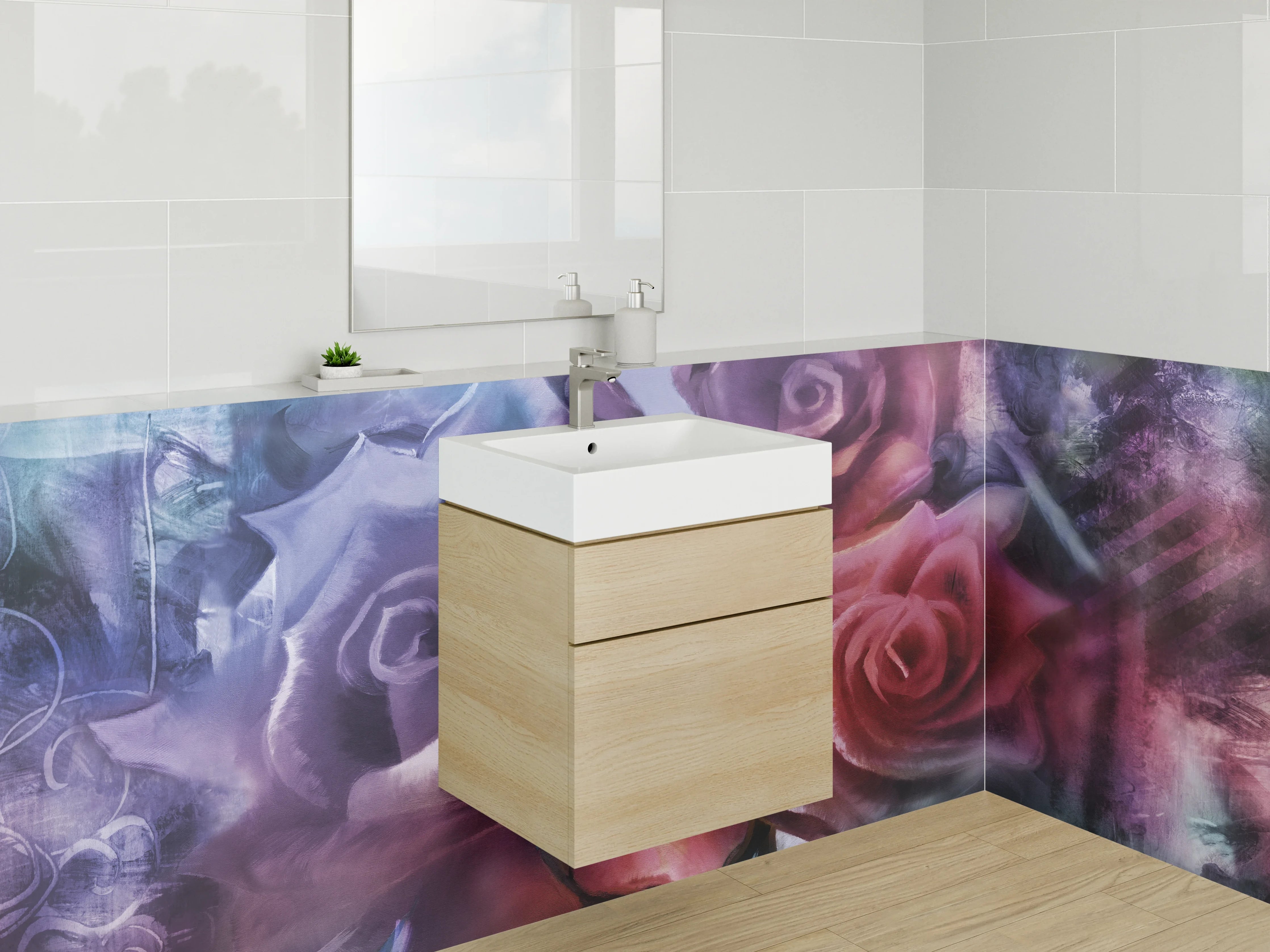 Waschbecken-Rückwand - Romantische Rosen Malerei in Pastellfarben