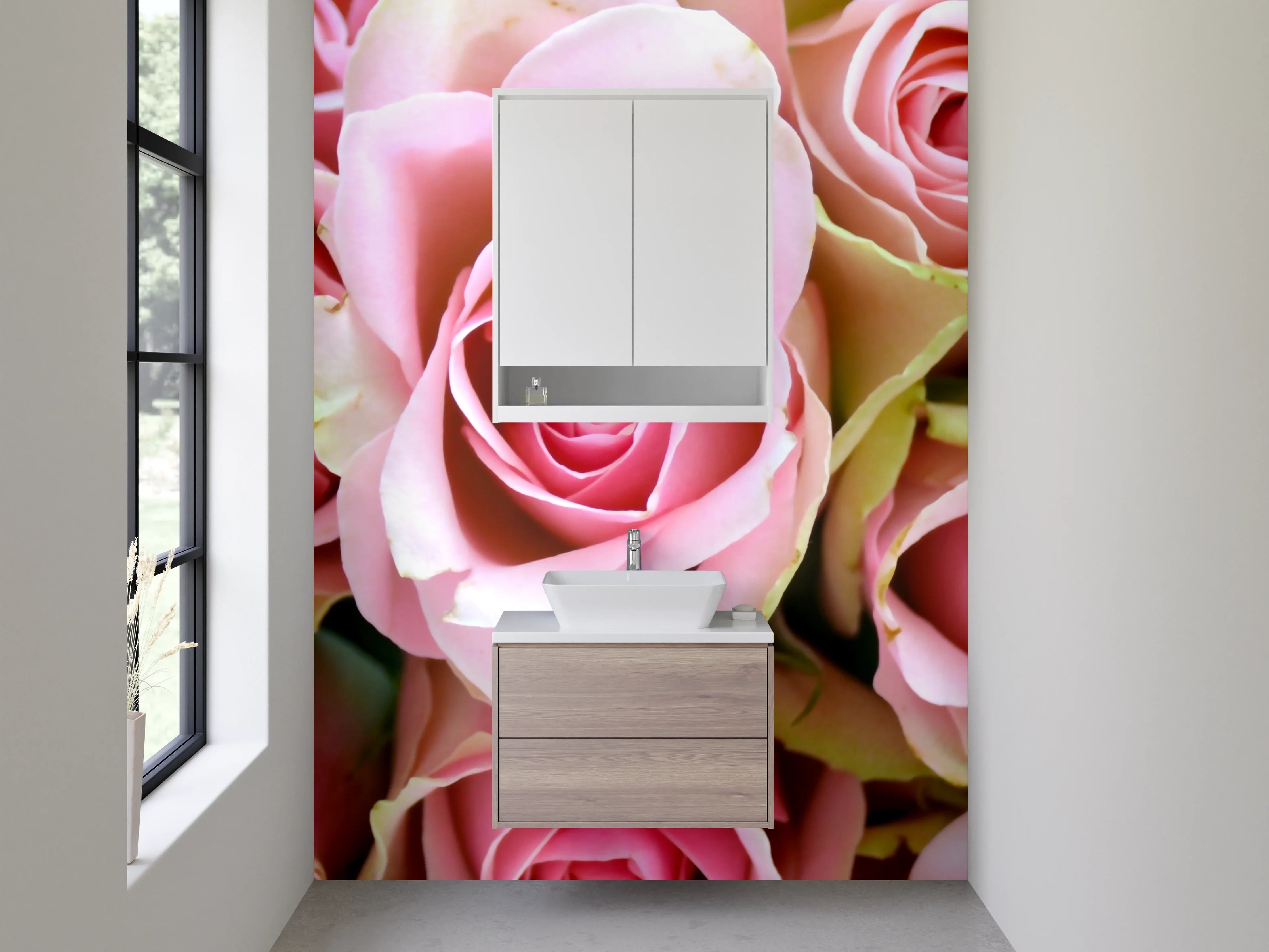 Waschbecken-Rückwand - Romantische Rosenblüten – Rosa & Grün