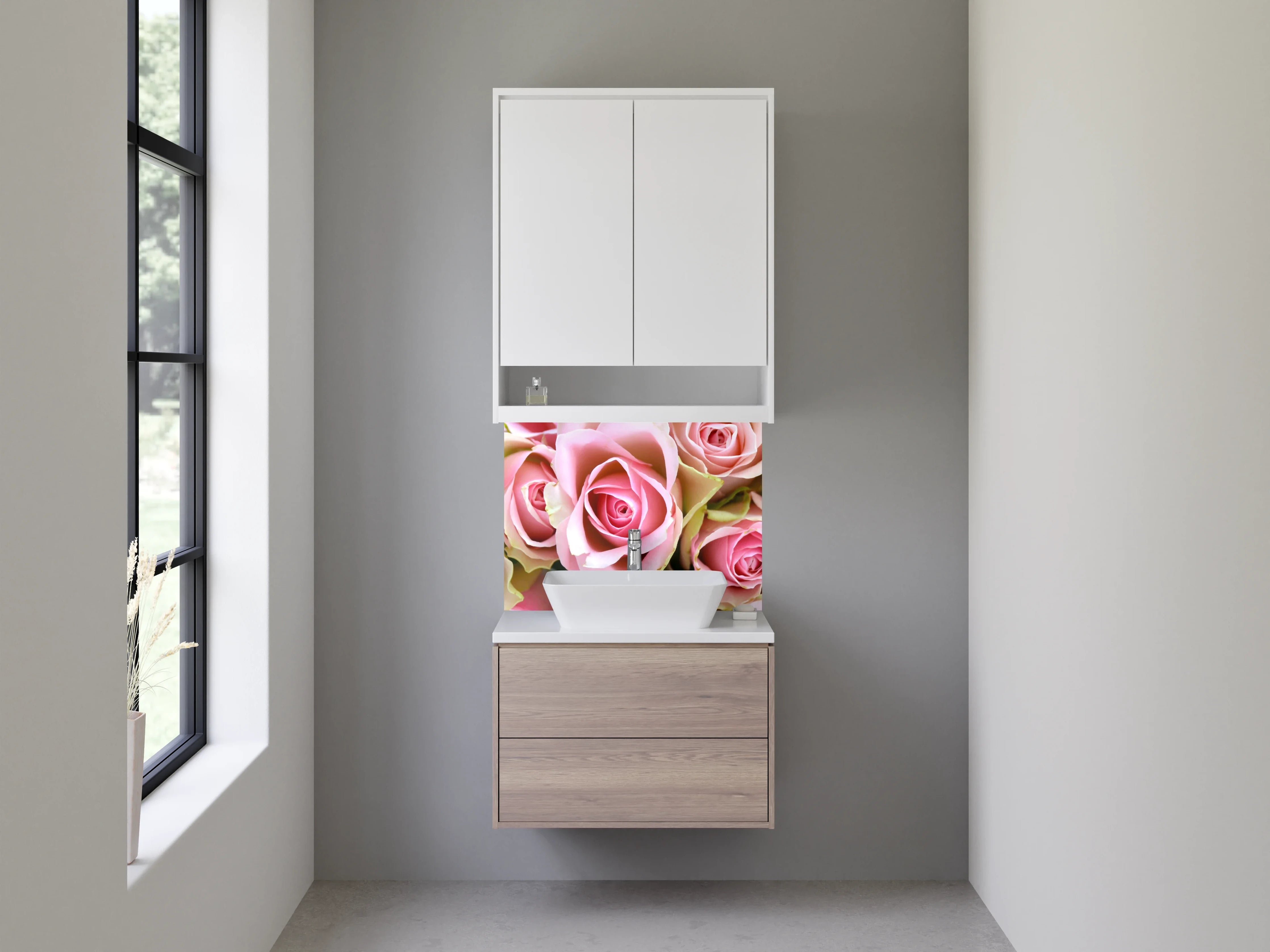 Waschbecken-Rückwand - Romantische Rosenblüten – Rosa & Grün