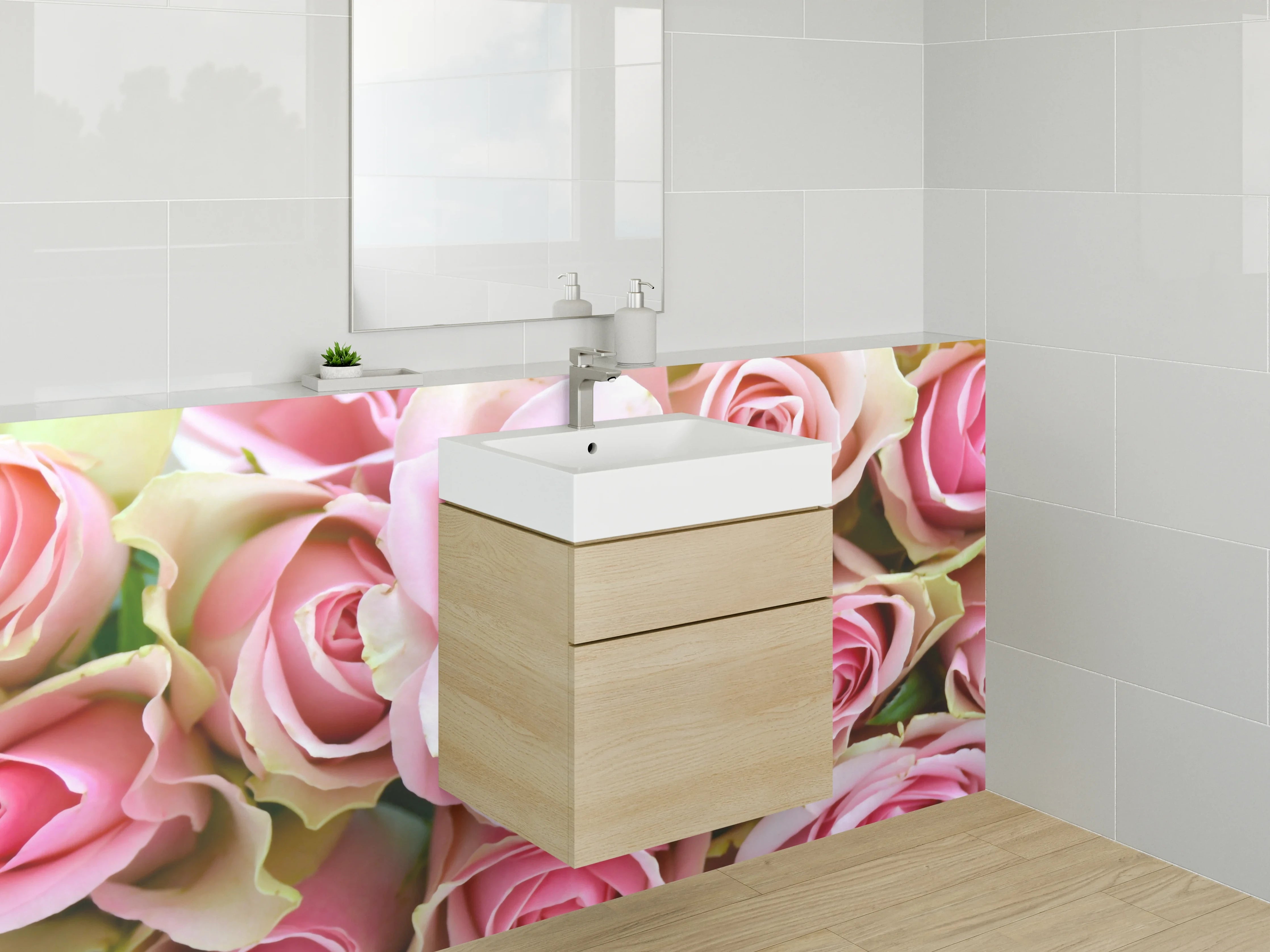 Waschbecken-Rückwand - Romantische Rosenblüten – Rosa & Grün