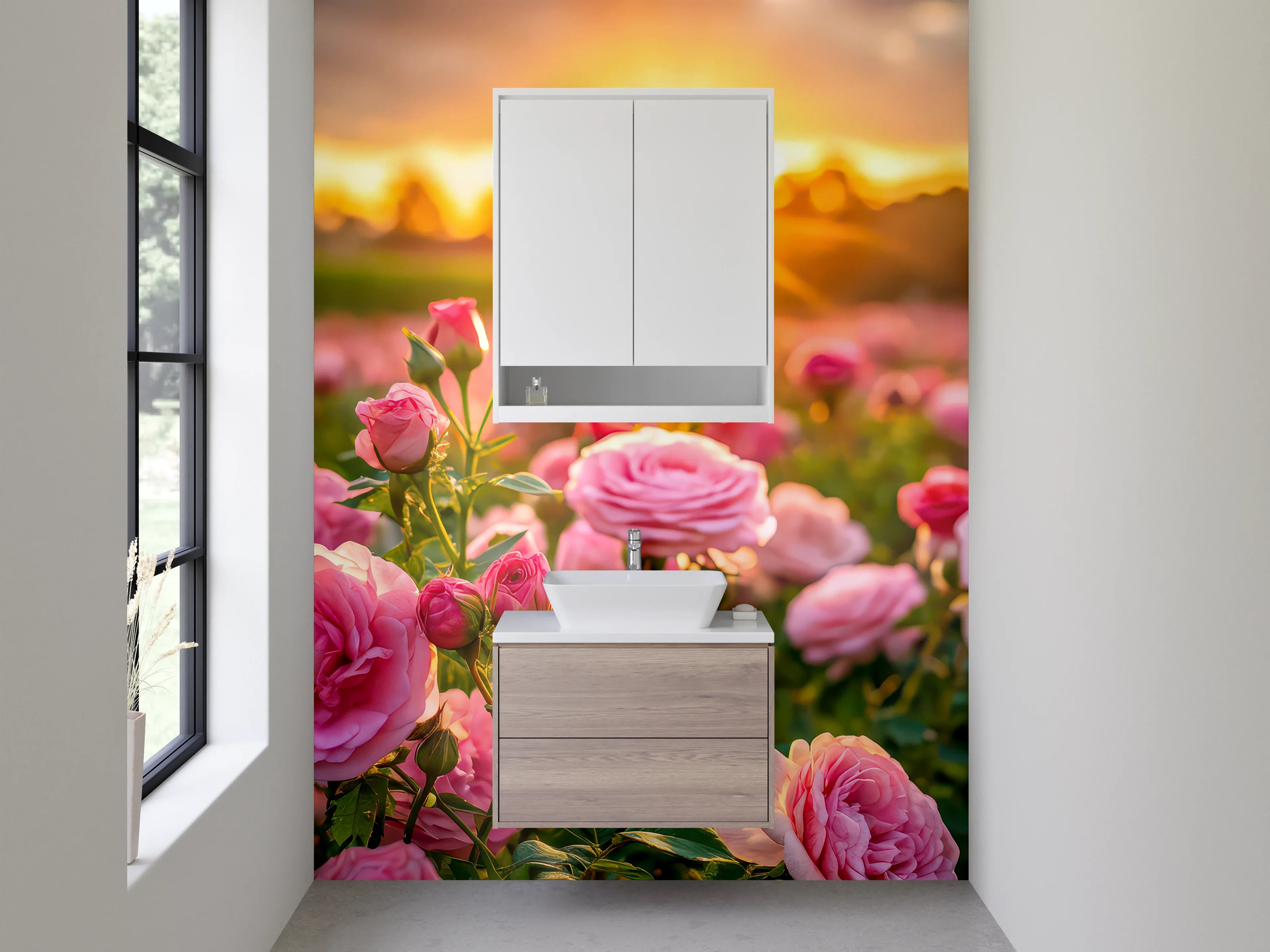 Waschbecken-Rückwand - Romantischer Rosengarten bei Sonnenuntergang