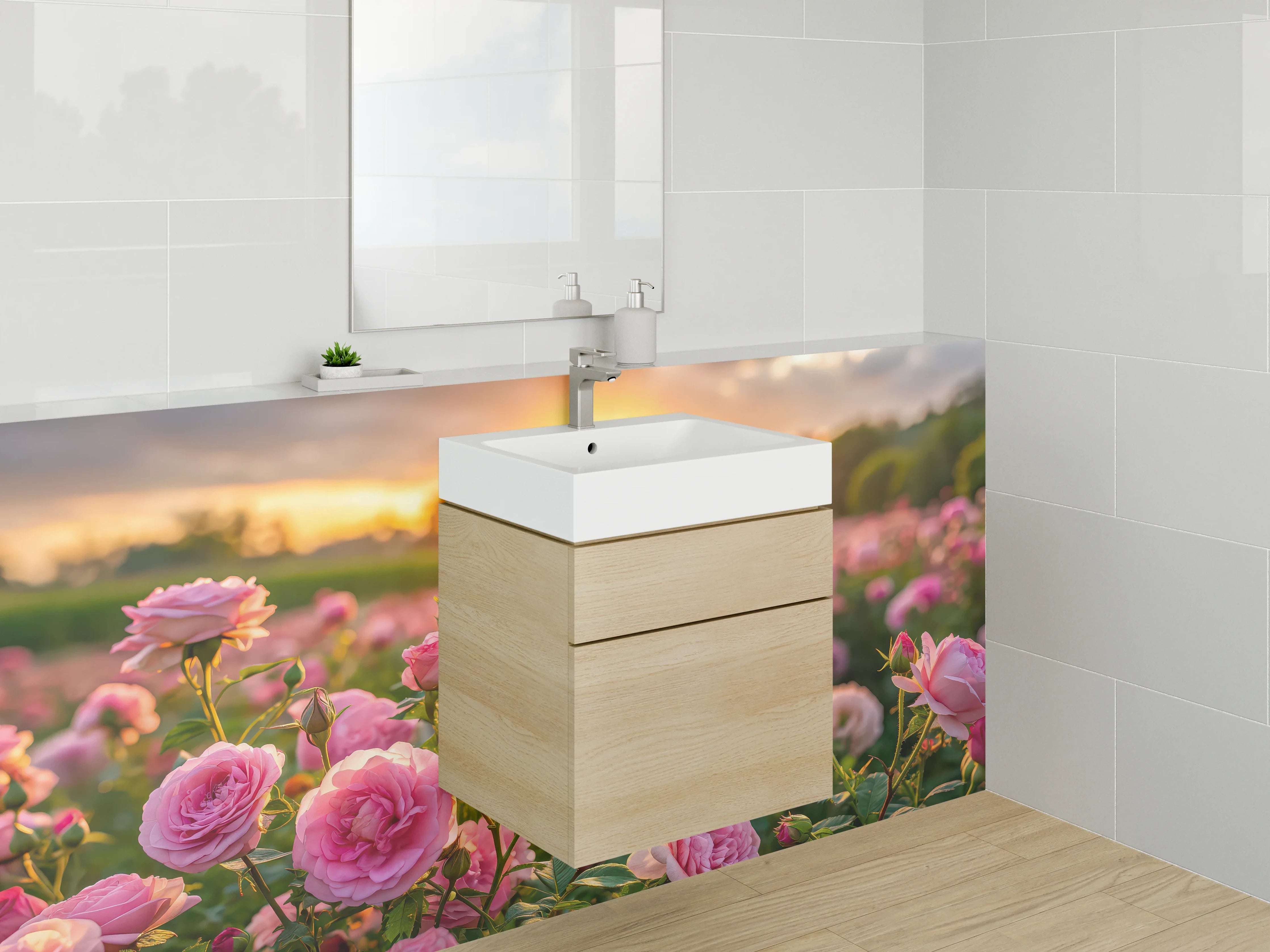 Waschbecken-Rückwand - Romantischer Rosengarten bei Sonnenuntergang
