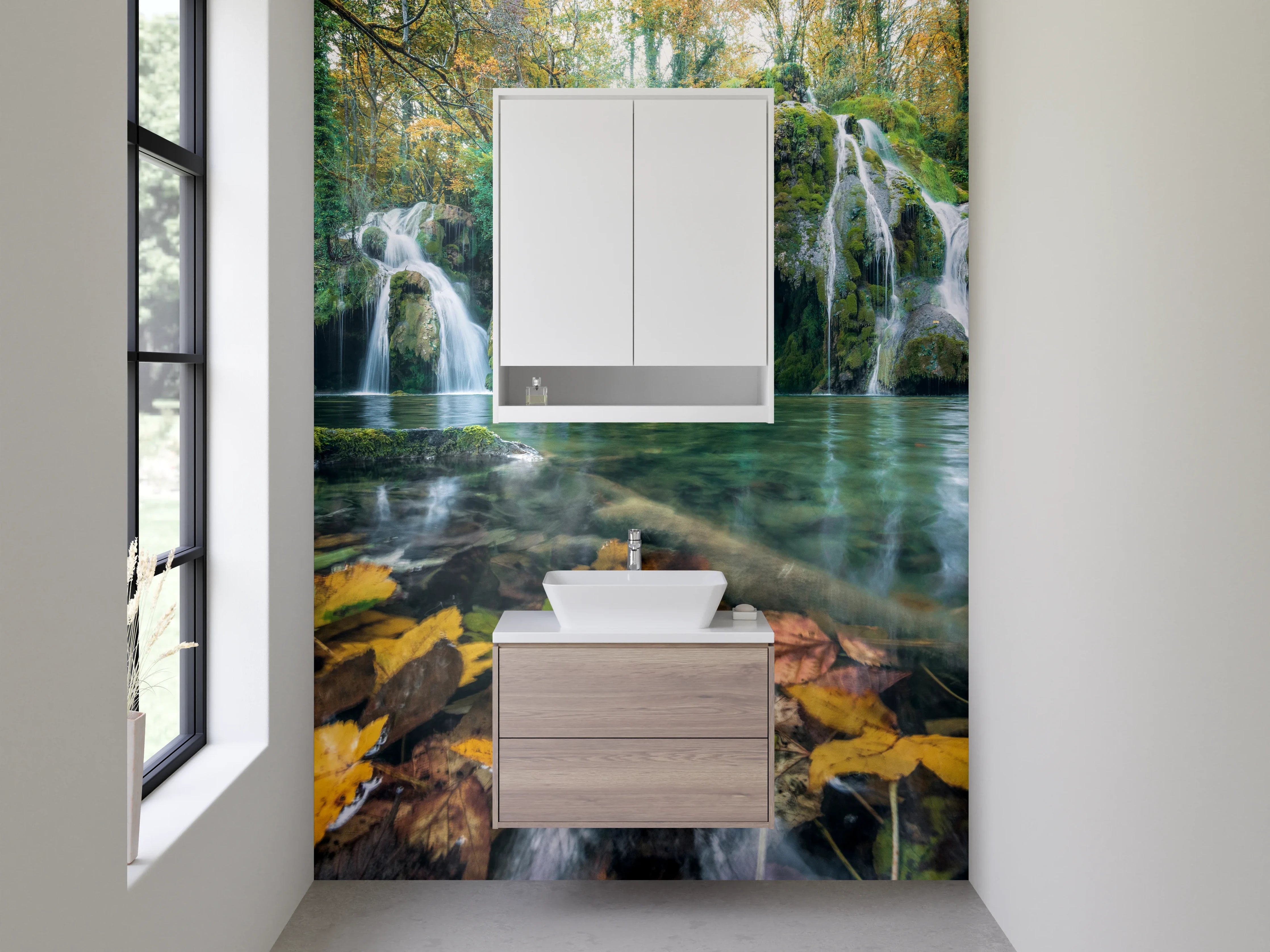 Waschbecken-Rückwand - Romantischer Waldwasserfall im Herbst