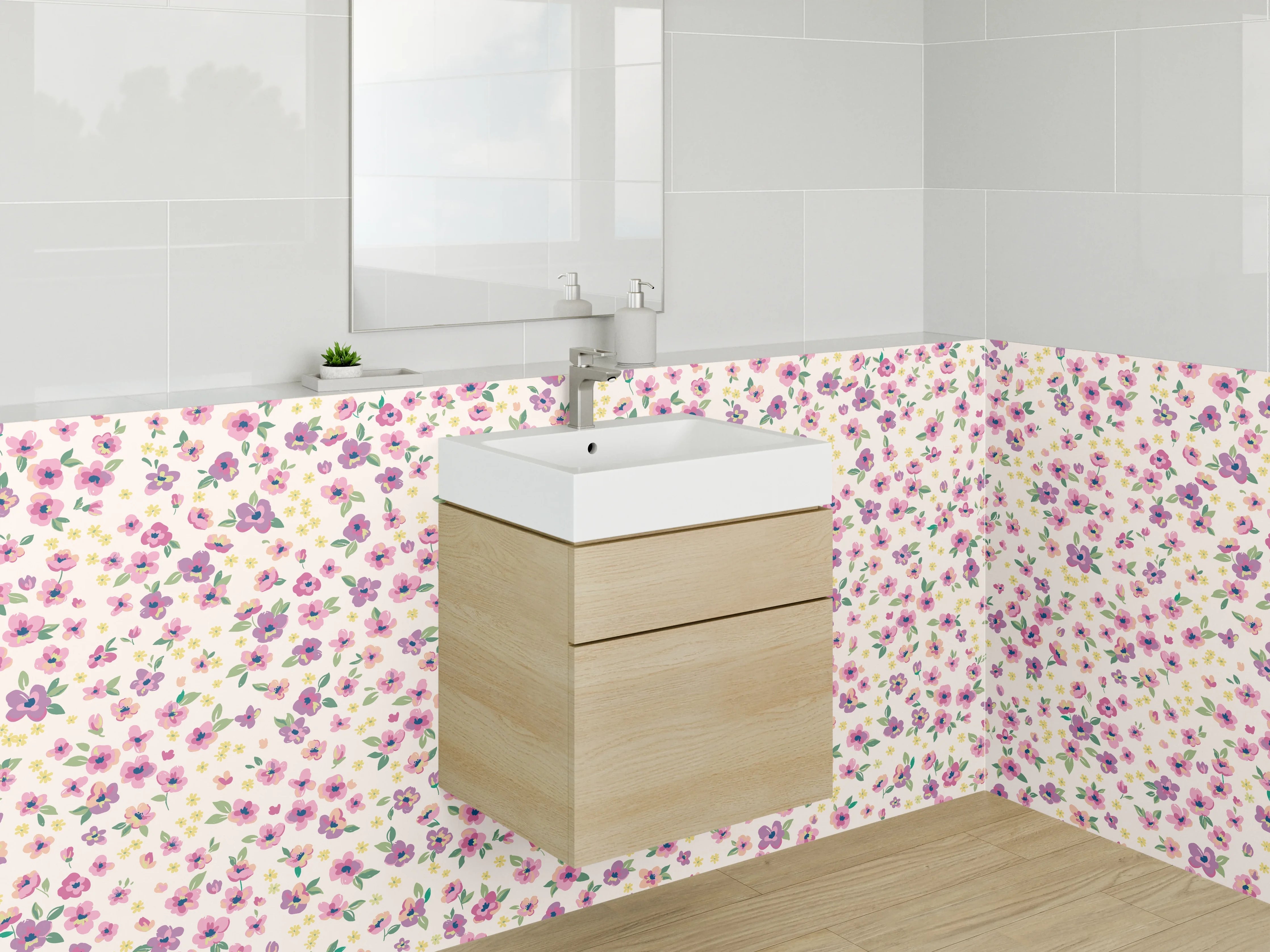 Waschbecken-Rückwand - Romantisches Blümchenmuster Rosa Weiß