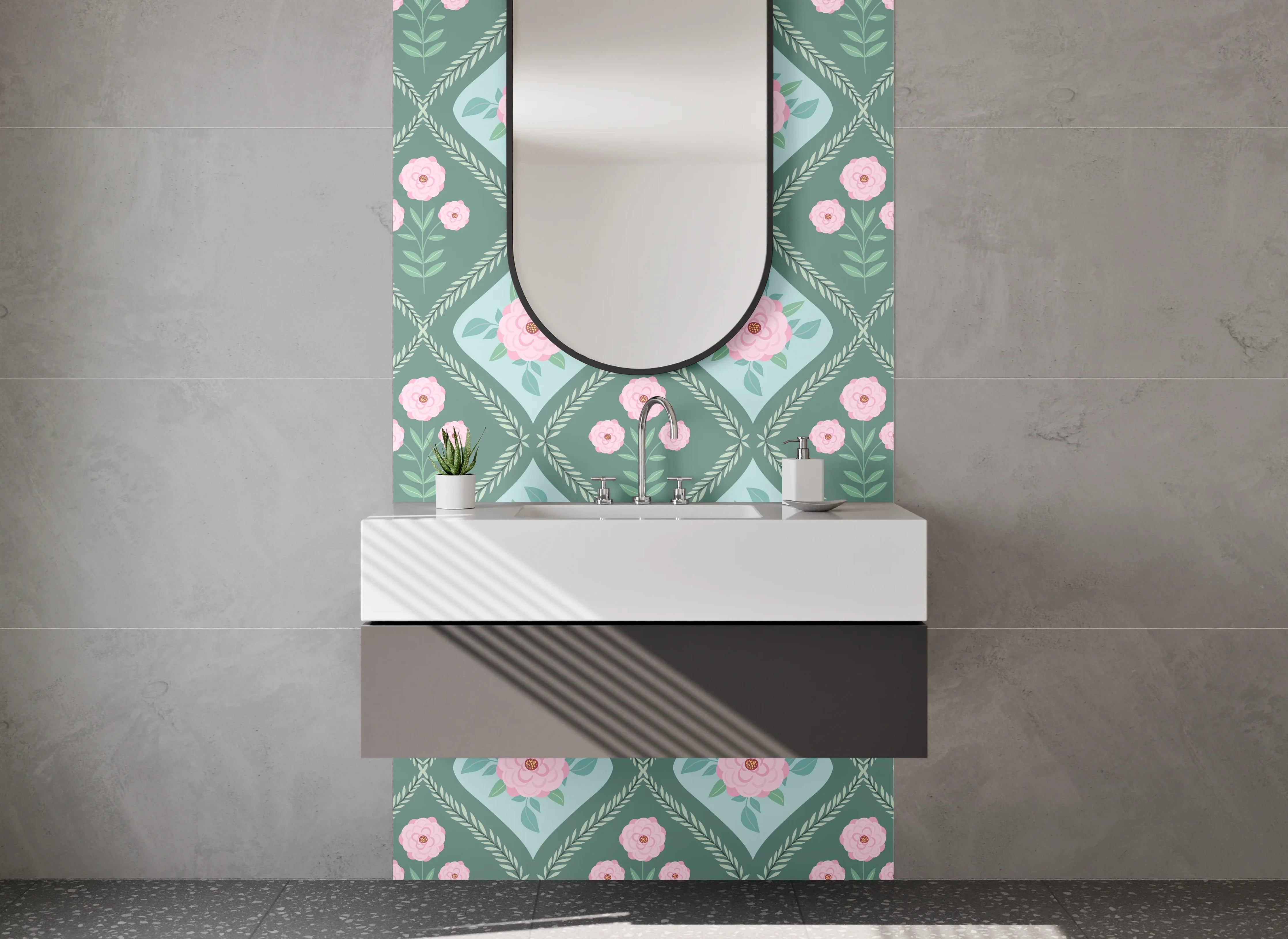 Waschbecken-Rückwand - Romantisches Retro-Blumenmuster Mintgrün Rosa