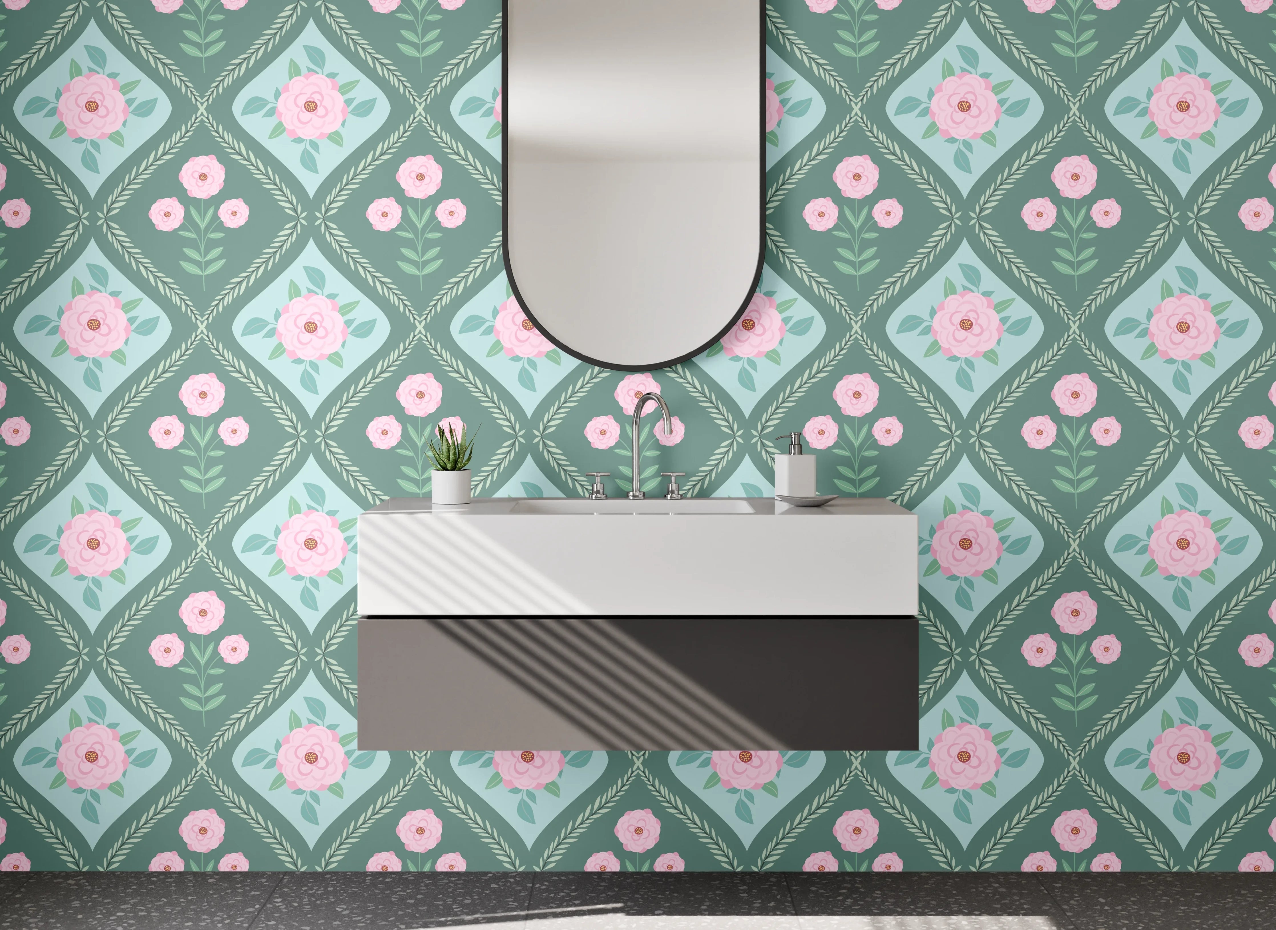 Waschbecken-Rückwand - Romantisches Retro-Blumenmuster Mintgrün Rosa