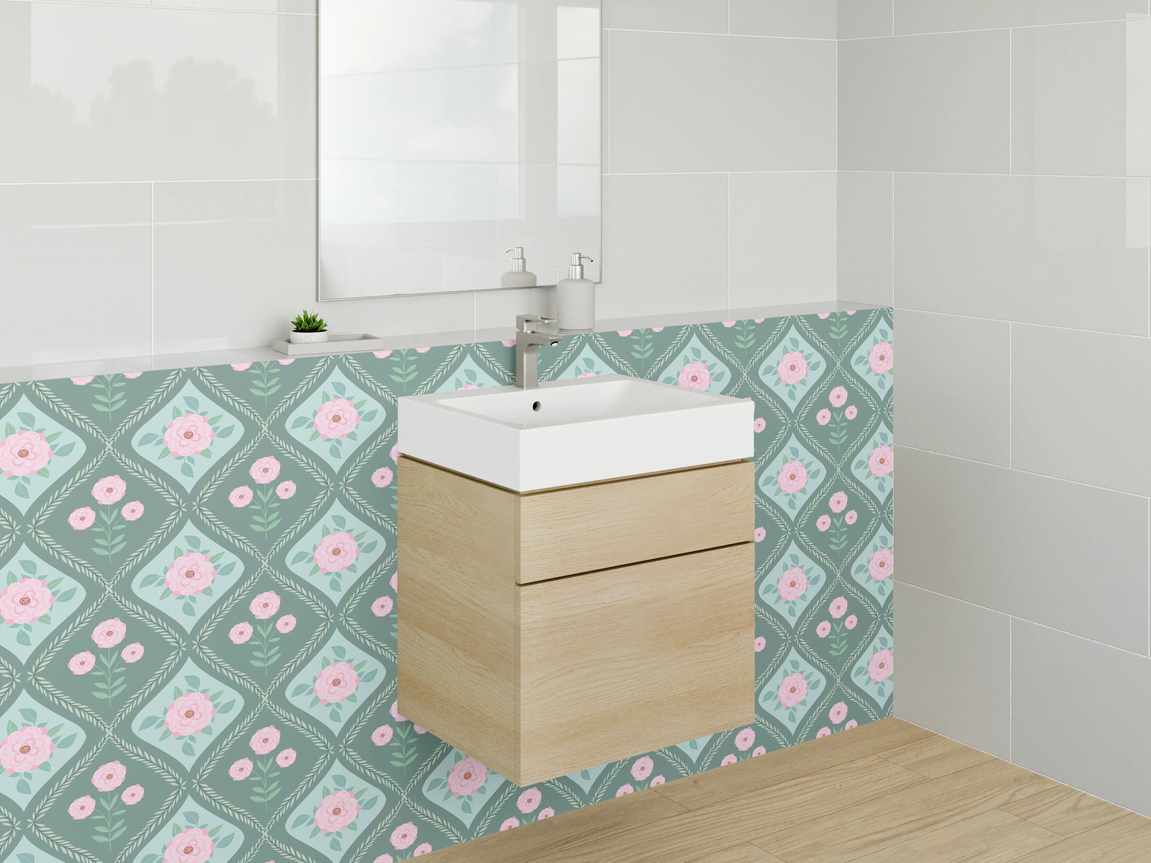 Waschbecken-Rückwand - Romantisches Retro-Blumenmuster Mintgrün Rosa