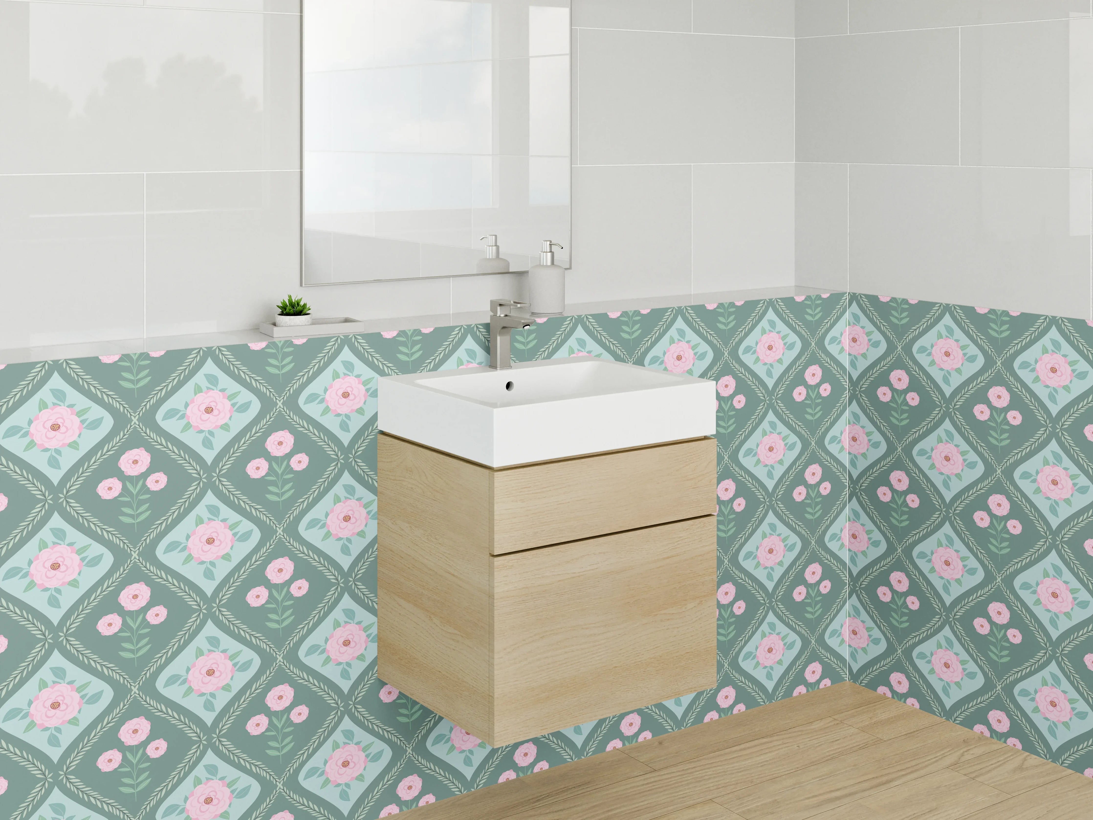 Waschbecken-Rückwand - Romantisches Retro-Blumenmuster Mintgrün Rosa