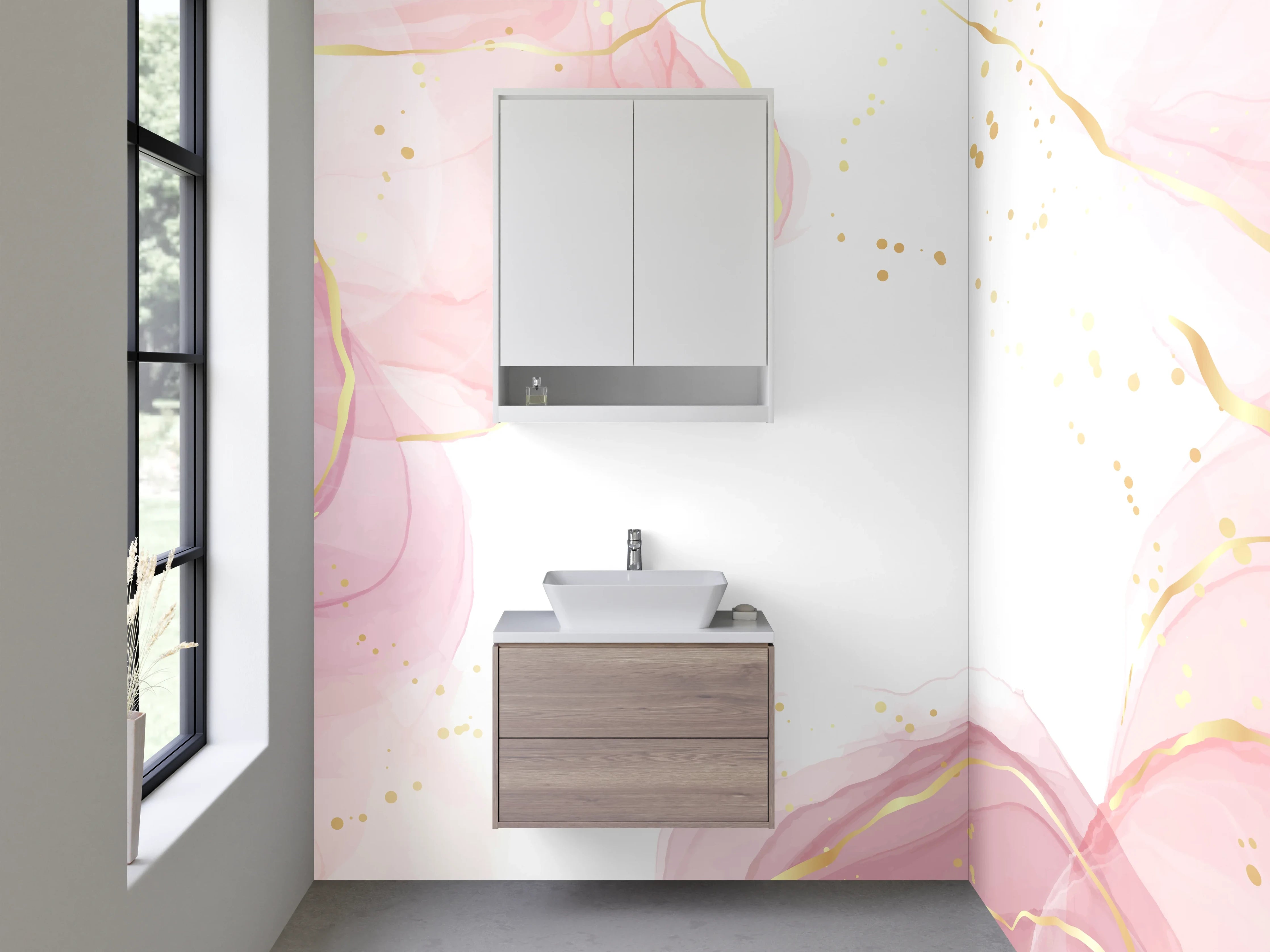 Waschbecken-Rückwand - Rosa Aquarell mit Goldakzent