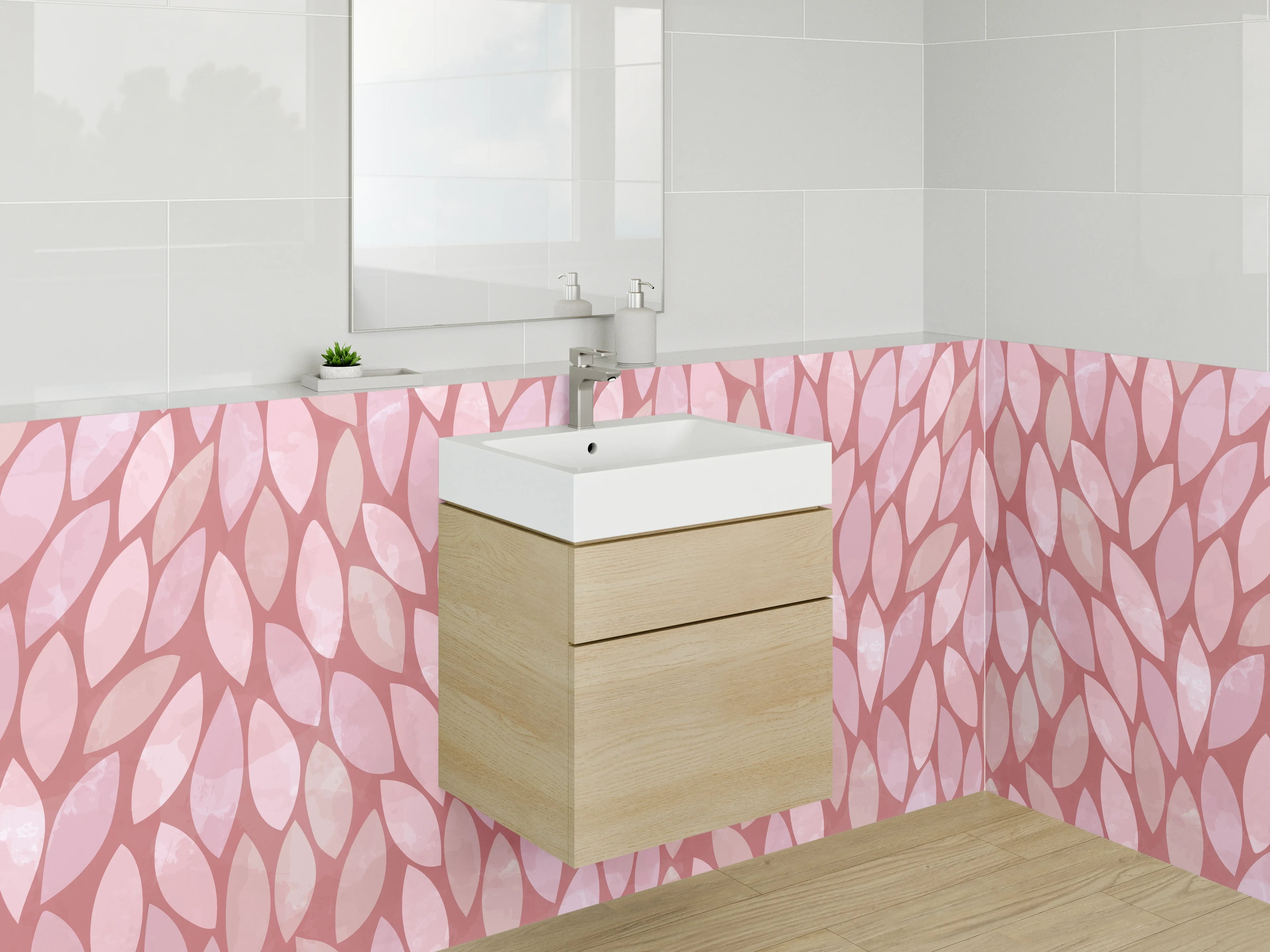 Waschbecken-Rückwand - Rosa Blätter Muster in zarten Tönen