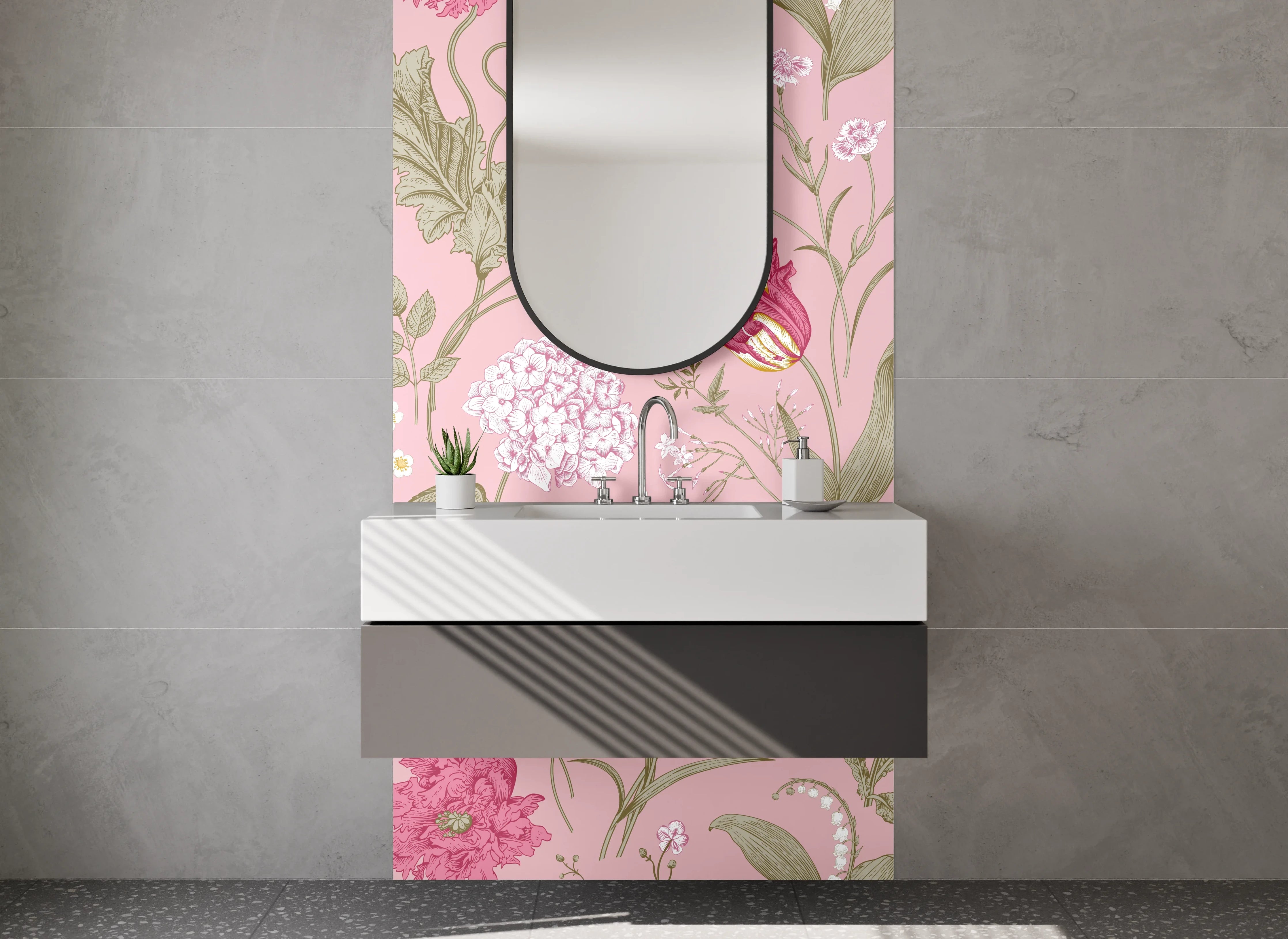 Waschbecken-Rückwand - Rosa Blumenmuster Vintage Tapete