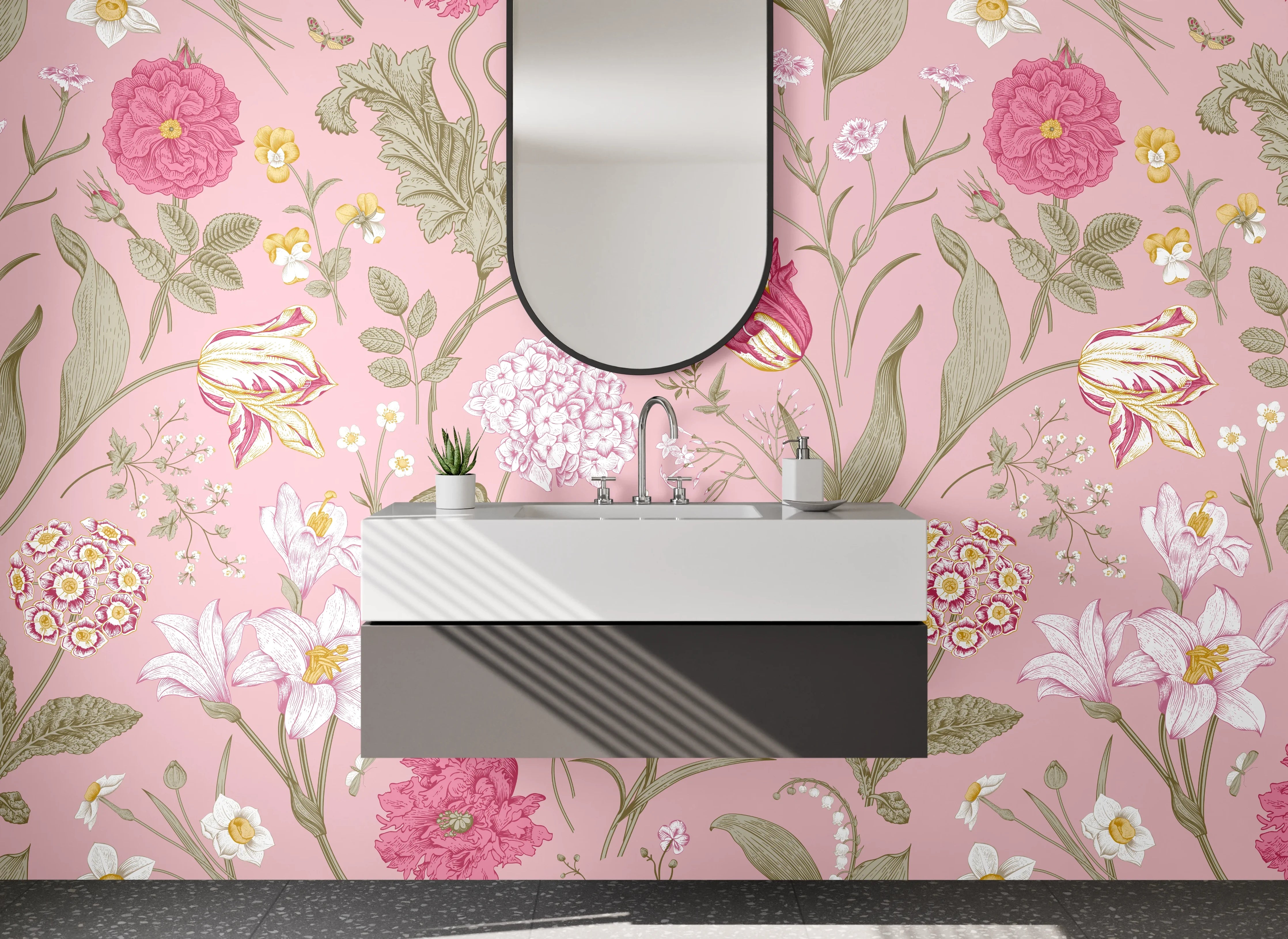Waschbecken-Rückwand - Rosa Blumenmuster Vintage Tapete