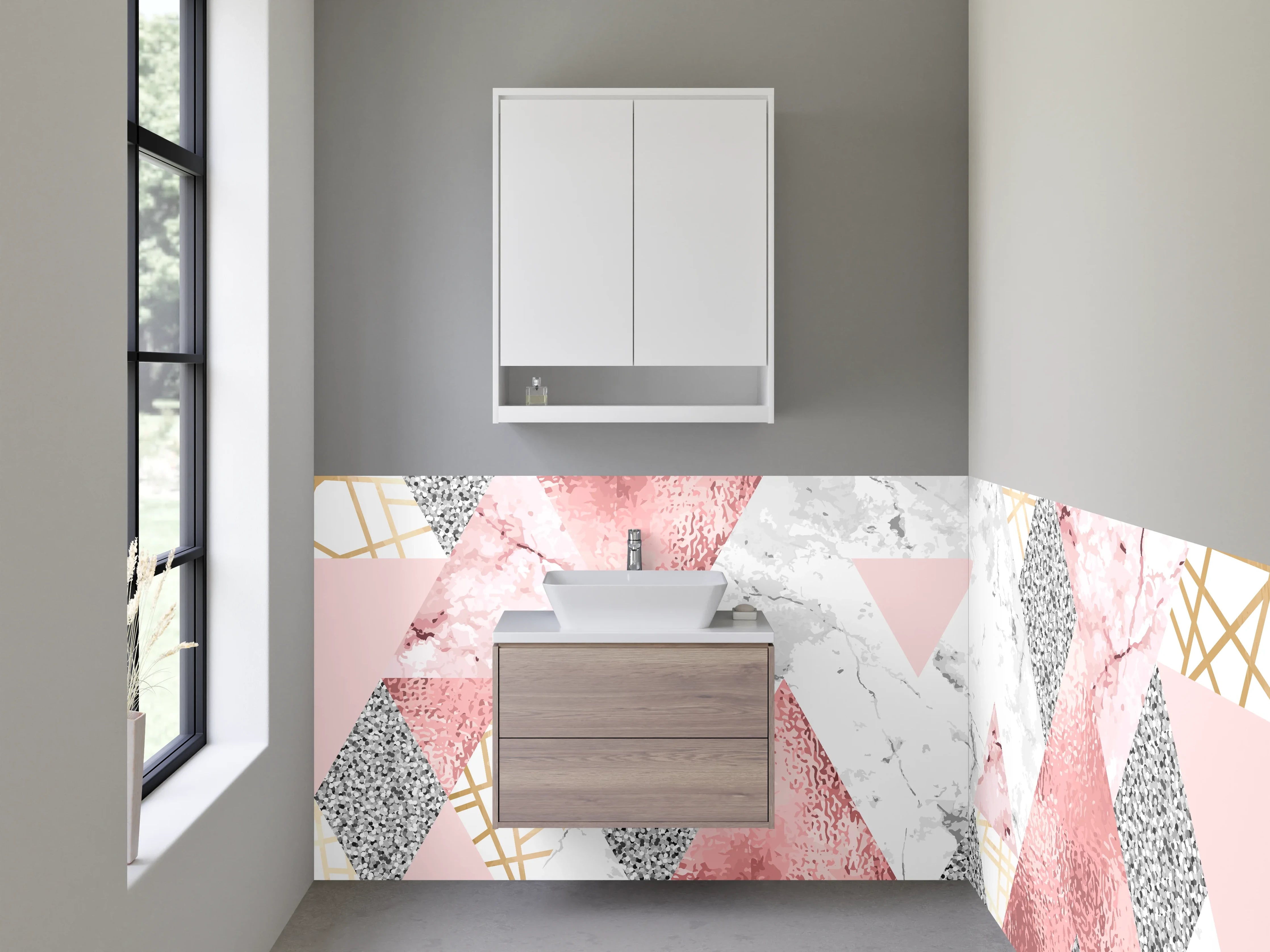 Waschbecken-Rückwand - Rosa Marmor Geometrie mit Goldlinien