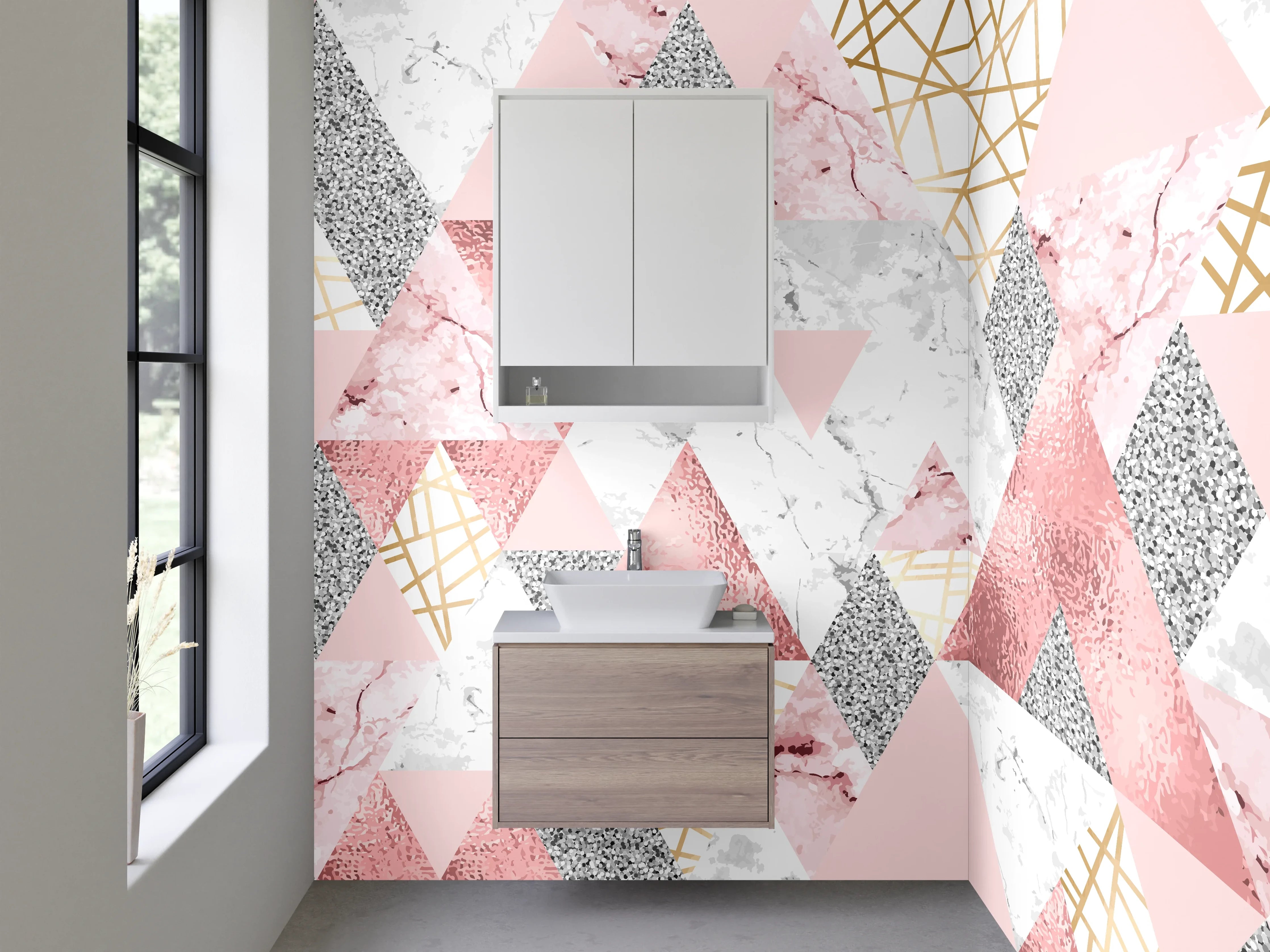 Waschbecken-Rückwand - Rosa Marmor Geometrie mit Goldlinien