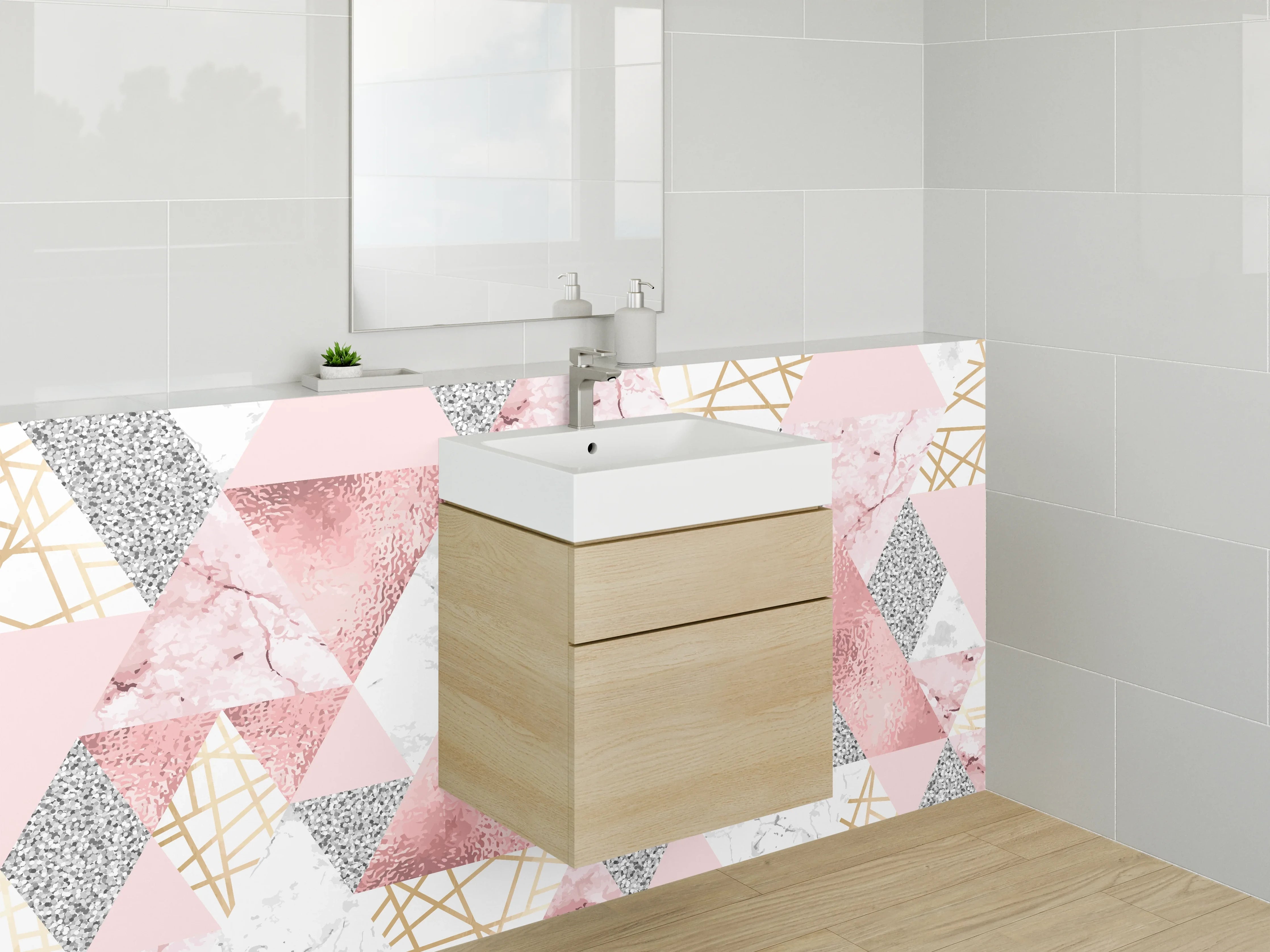 Waschbecken-Rückwand - Rosa Marmor Geometrie mit Goldlinien