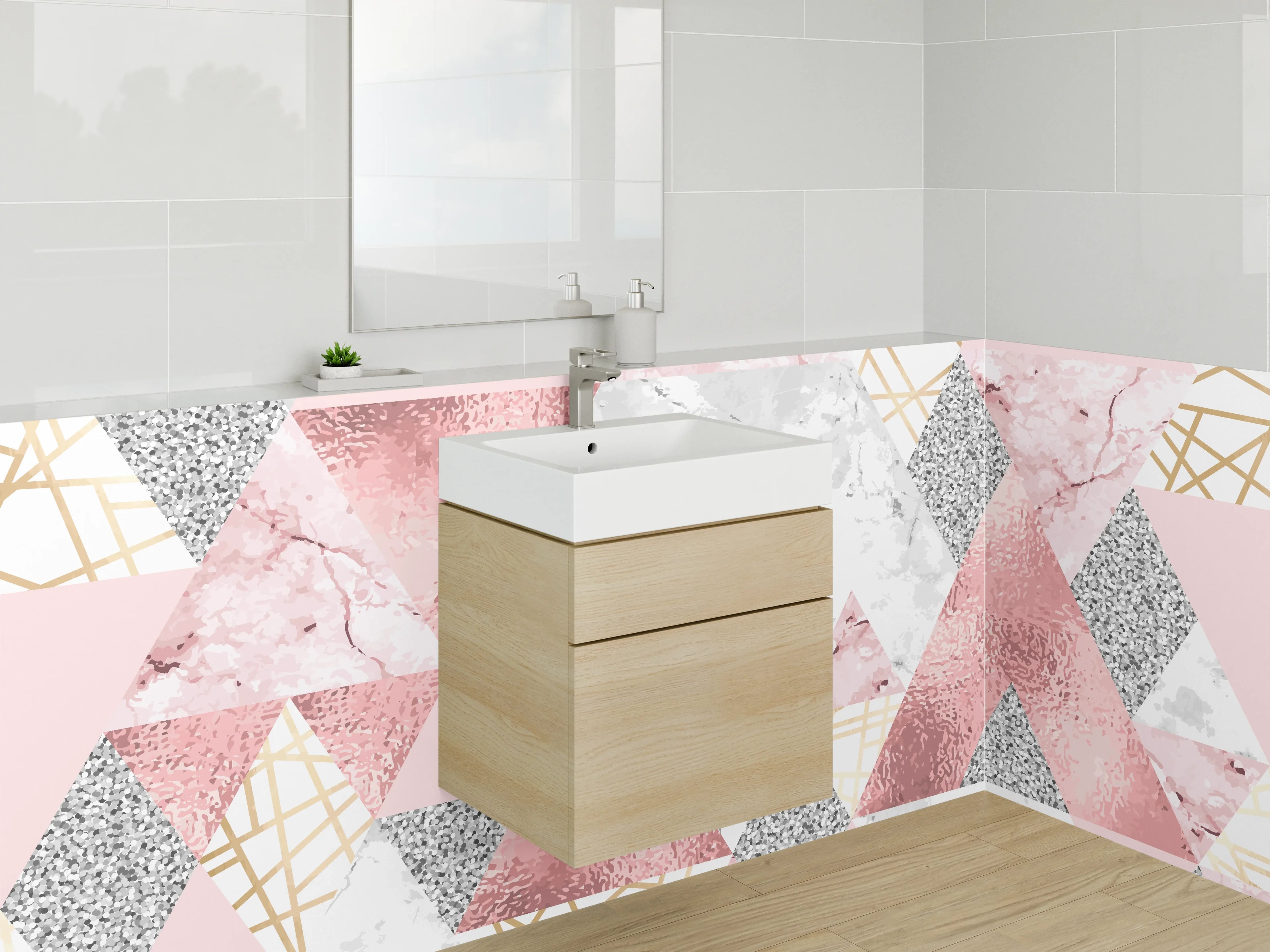Waschbecken-Rückwand - Rosa Marmor Geometrie mit Goldlinien