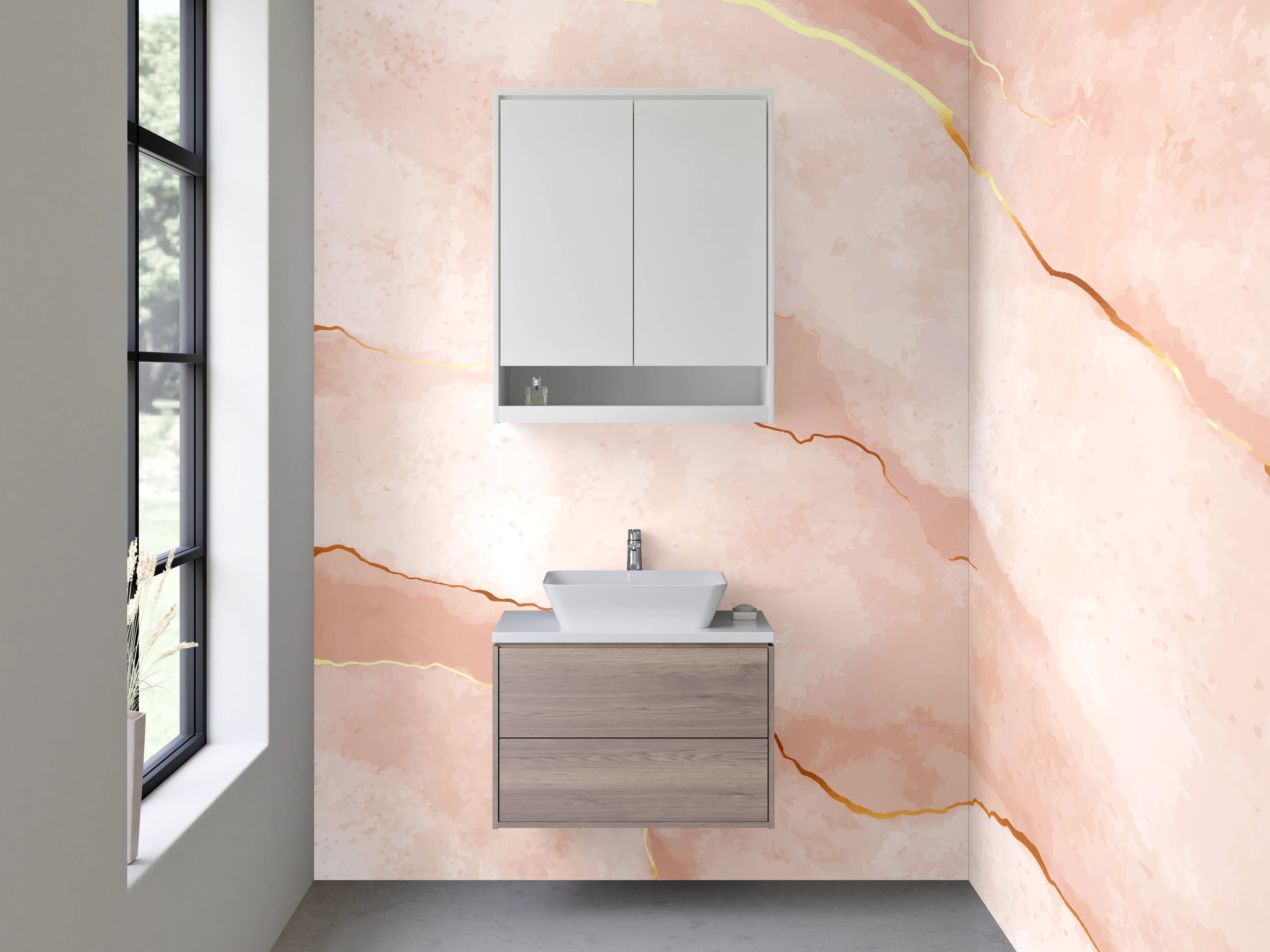 Waschbecken-Rückwand - Rosa Marmor mit Goldadern