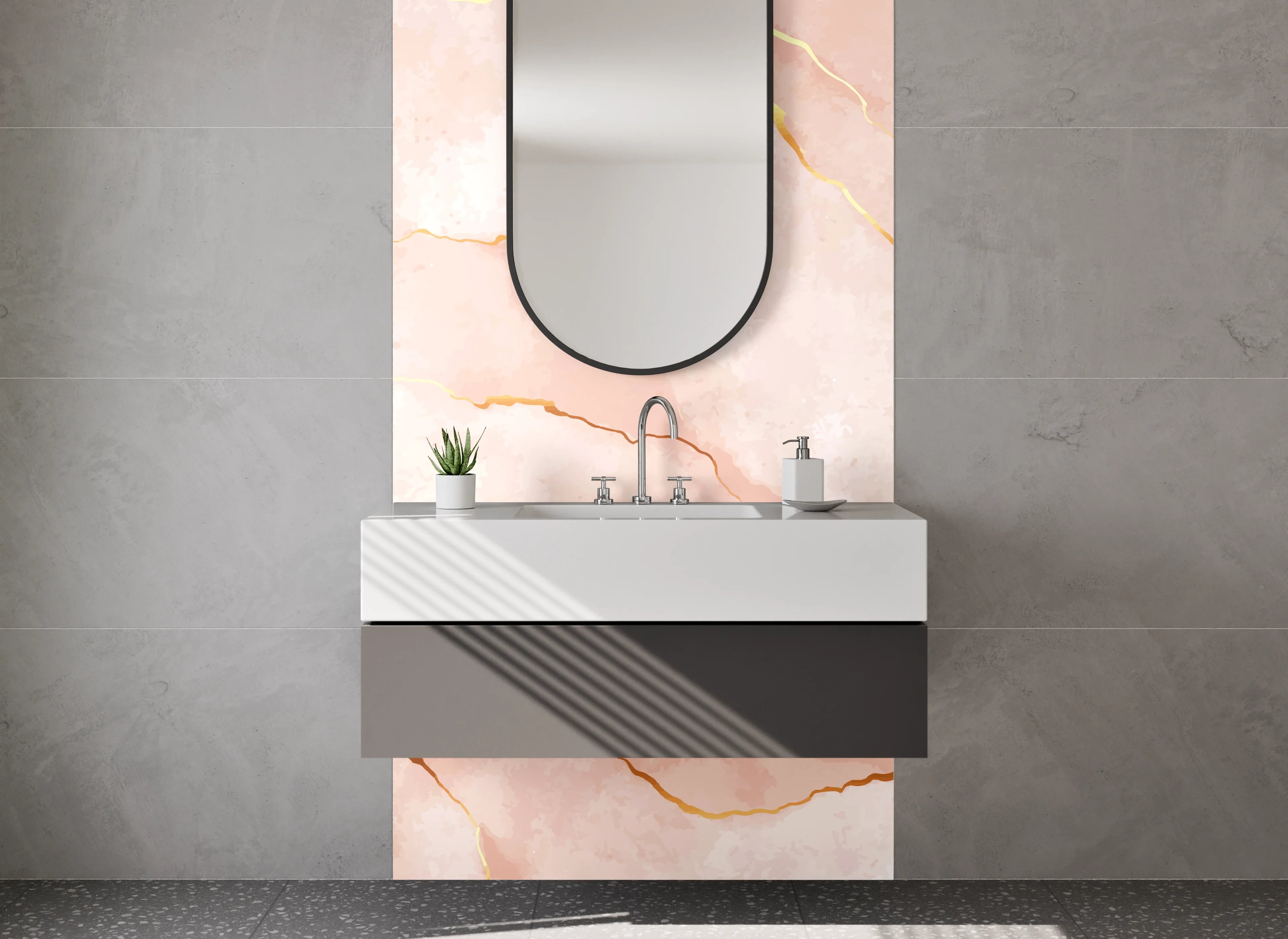 Waschbecken-Rückwand - Rosa Marmor mit Goldadern