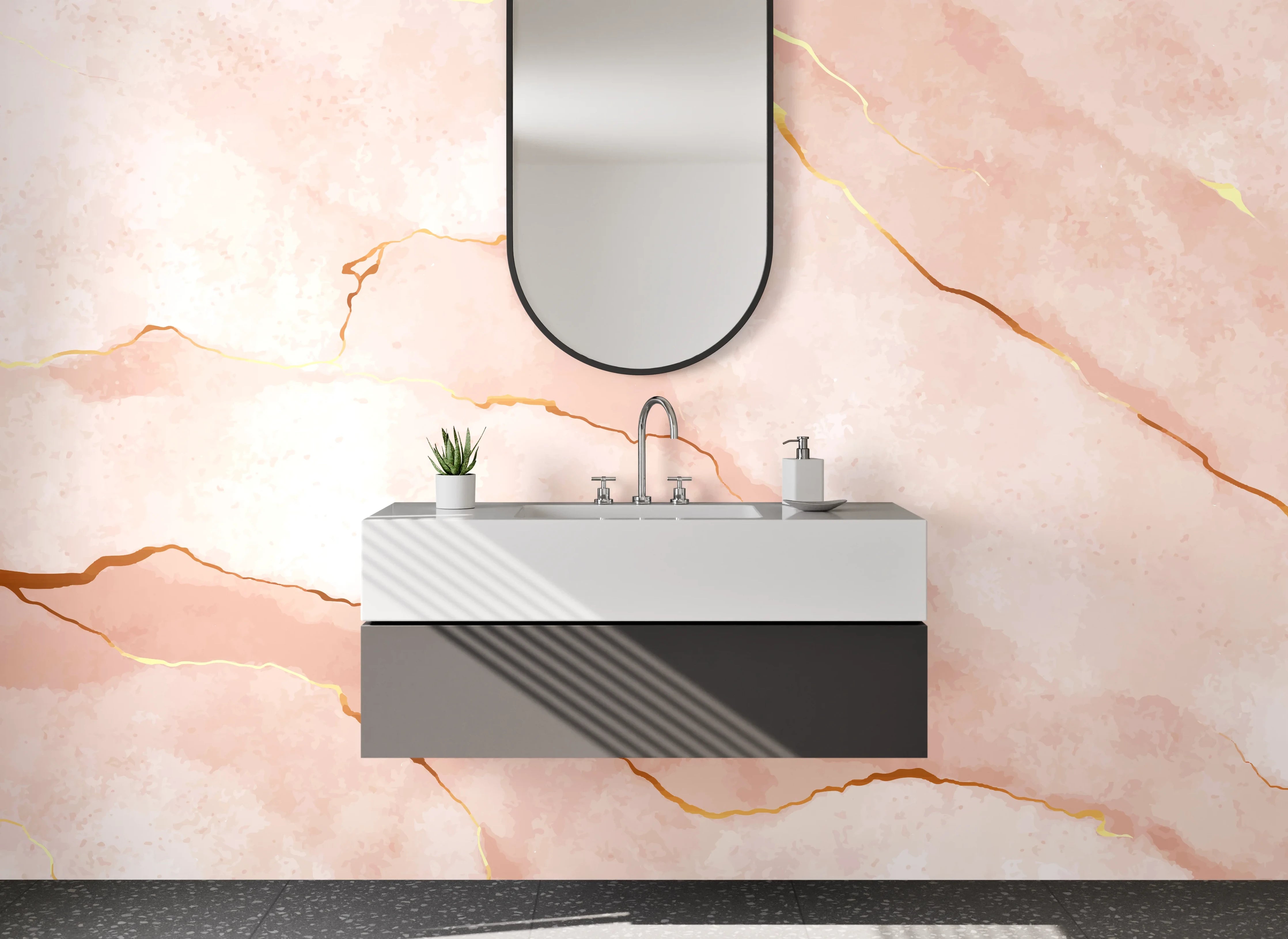 Waschbecken-Rückwand - Rosa Marmor mit Goldadern