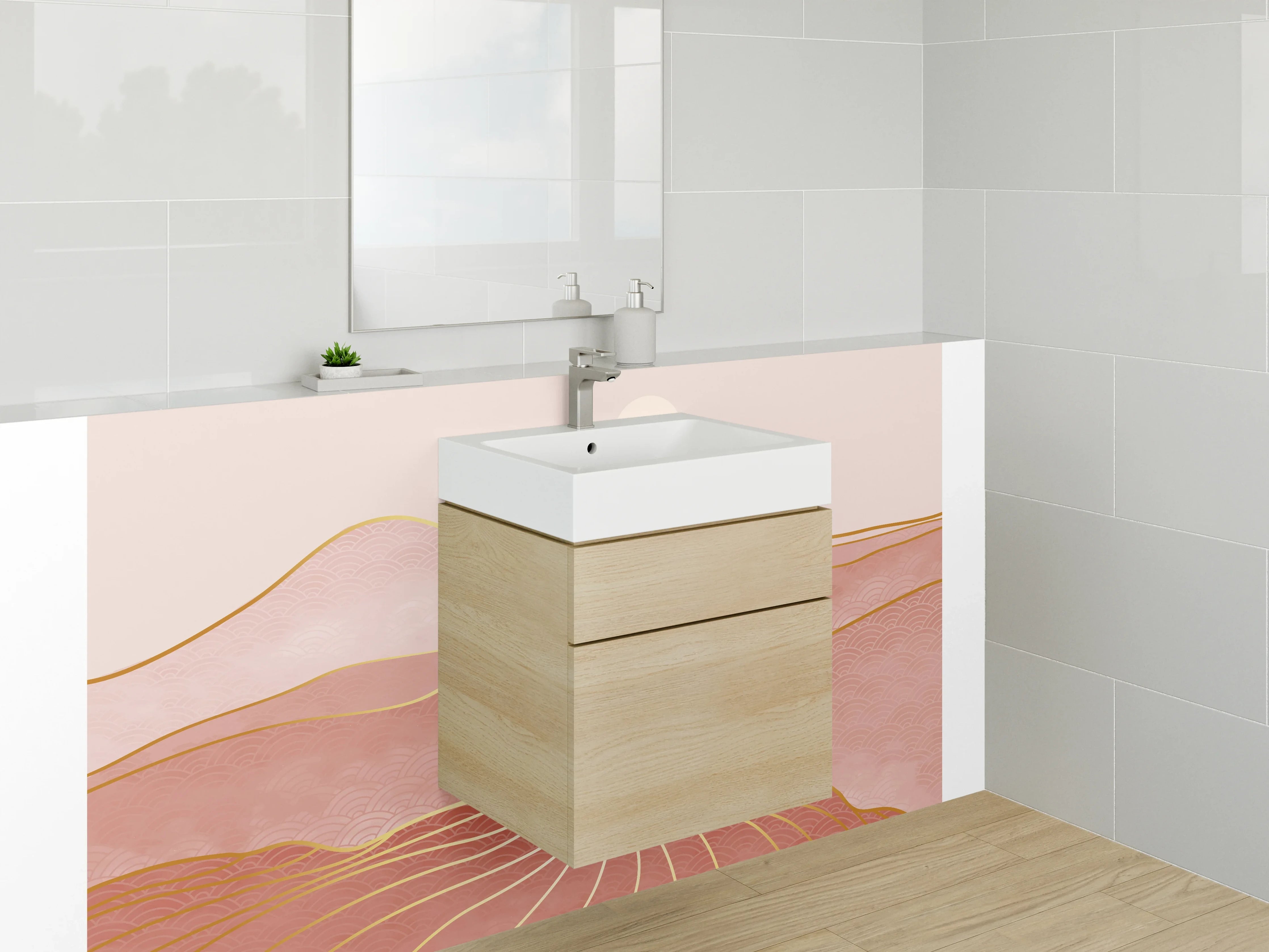 Waschbecken-Rückwand - Roségoldene Weite mit Silbergrau
