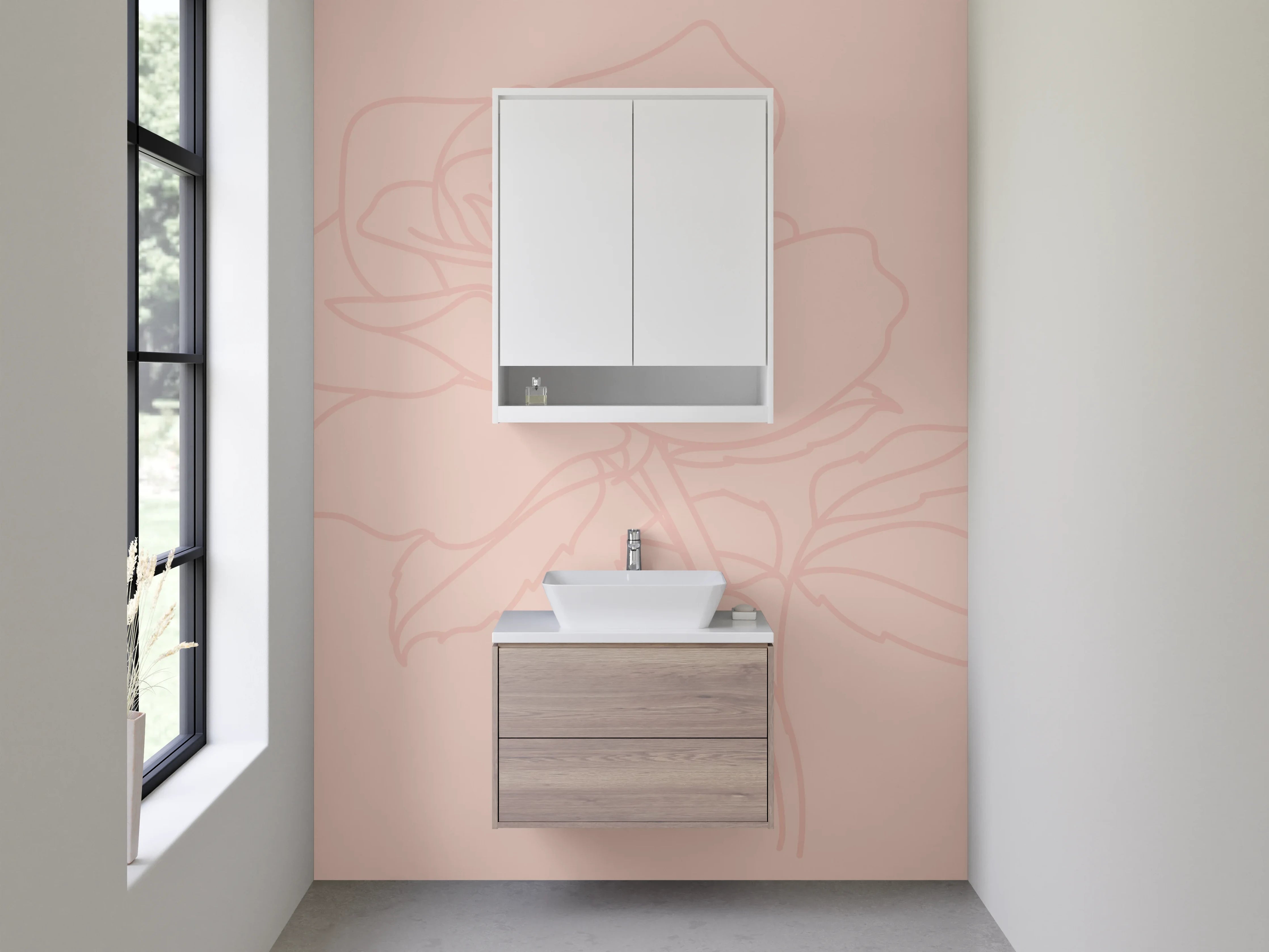 Waschbecken-Rückwand - Rosen Lineart auf zartem Rosé